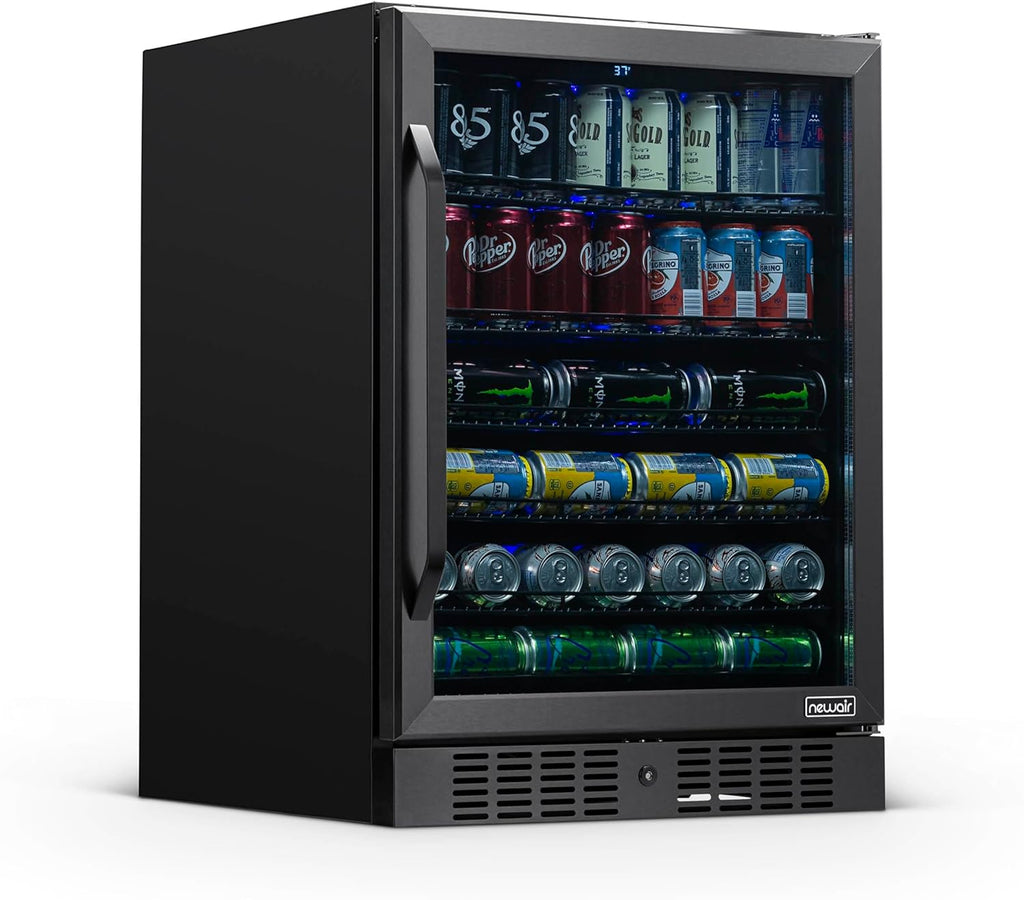 NewAir Beverage Refrigerator with Glass Door | 177 Can Mini Fridge for Bedroom, Dorm, Office, or Gaming Setup | Soda, Beer, and Wine Cooler | Black Stainless Steel