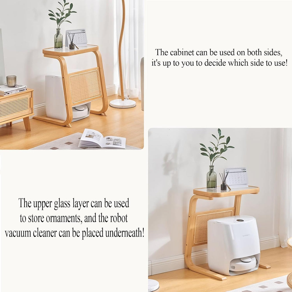 C Shaped Side Table with Storage for Self Emptying Robot Vacuum Cleaner, Small Storage Cabinet Robot Vacuum Stand Cabinet for Living Room Home Office Kitchen