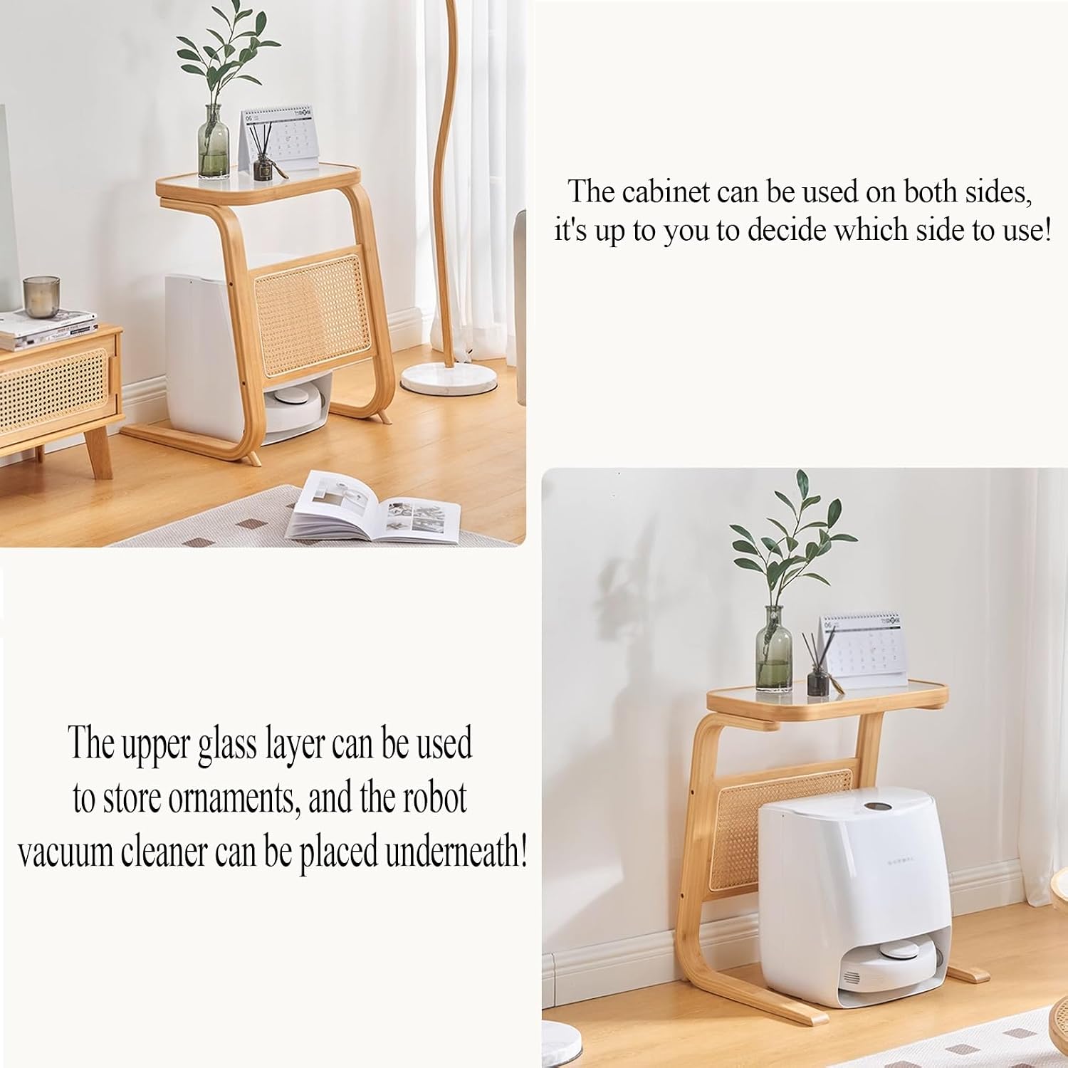 C Shaped Side Table with Storage for Self Emptying Robot Vacuum Cleaner, Small Storage Cabinet Robot Vacuum Stand Cabinet for Living Room Home Office Kitchen