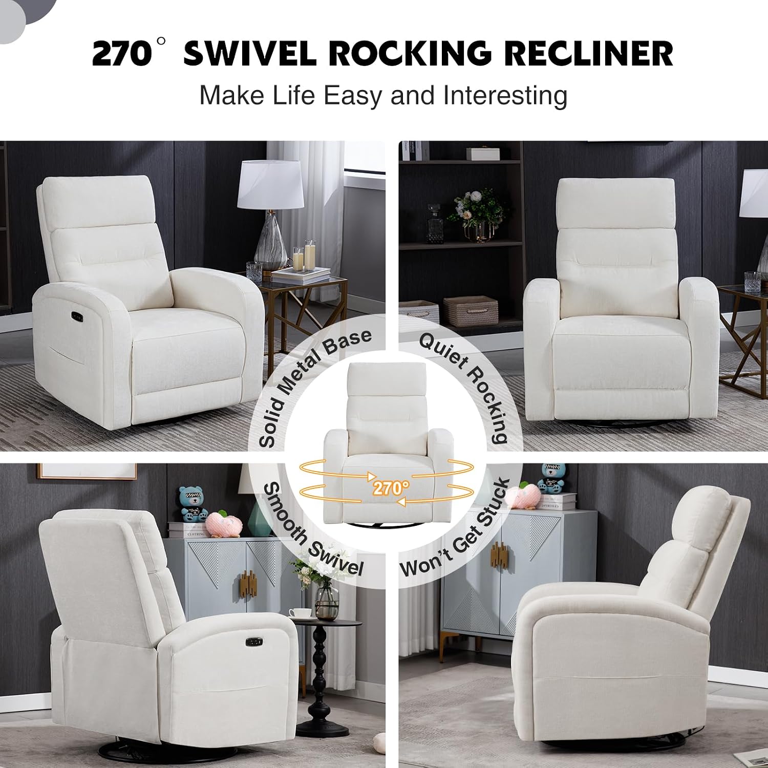 Power Swivel Rocker Recliner Chair for Nursery, Electric Rocking Reclining Chair, Upholstered Glider Nursery Recliner for Living Room, Bedroom, Chenille White