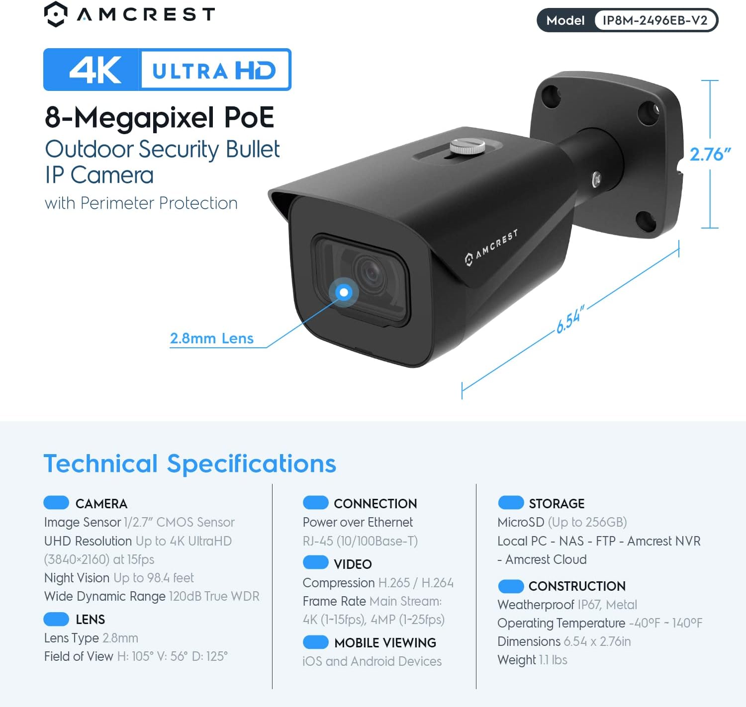 Amcrest 4K Security Camera System w/ 4K 8CH PoE NVR, (4) x 8-Megapixel IP67 Weatherproof Metal Bullet POE IP Cameras, 2.8mm Lens, Pre-Installed 2TB Hard Drive, NV4108E-IP8M-2496EB4-2TB (Black)