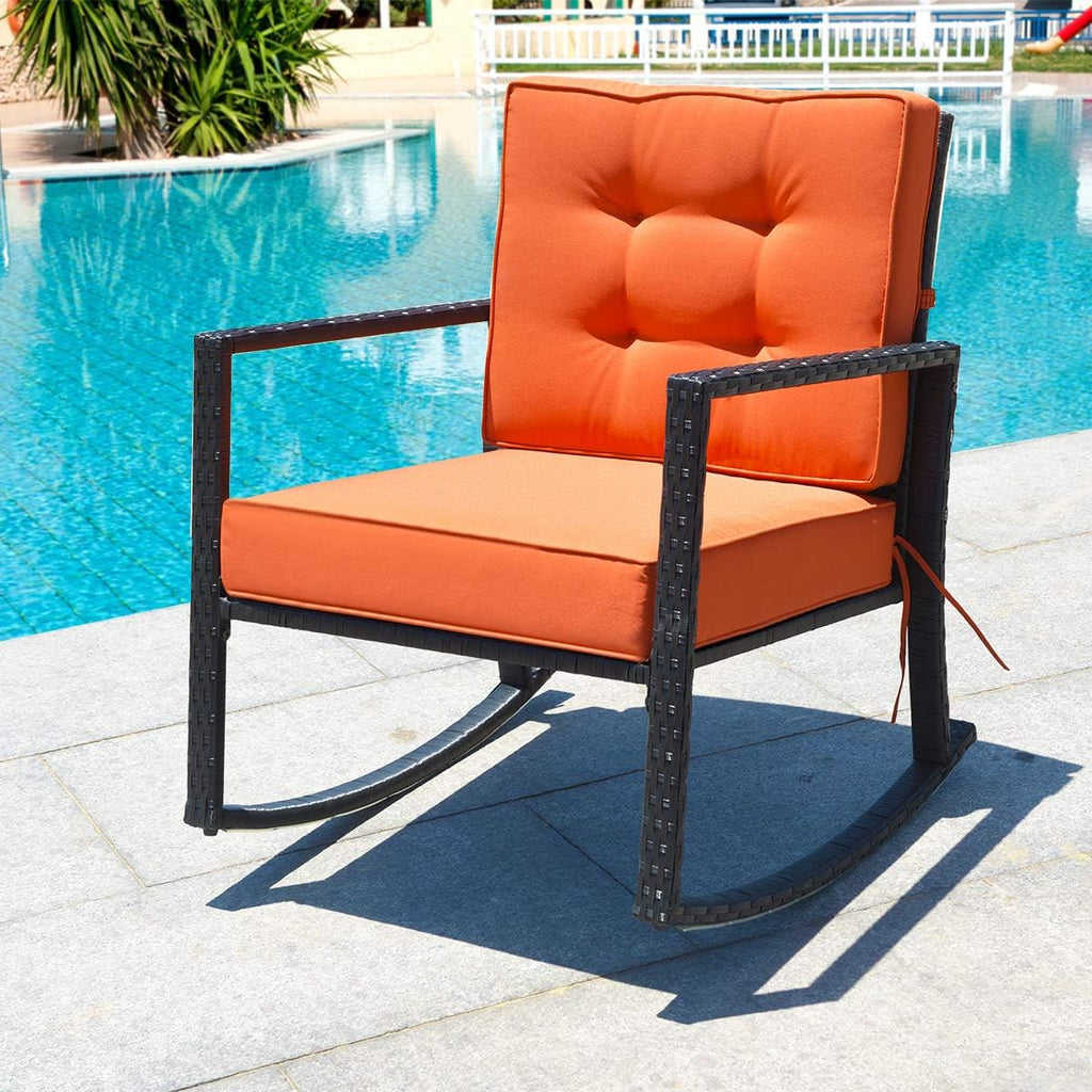 HAPPYGRILL Wicker Rocking Chair, Outdoor Patio Glider Chair with Heavy-Duty Frame, Thick Cushion, Rattan Rocking Chair for Backyard Garden Porch