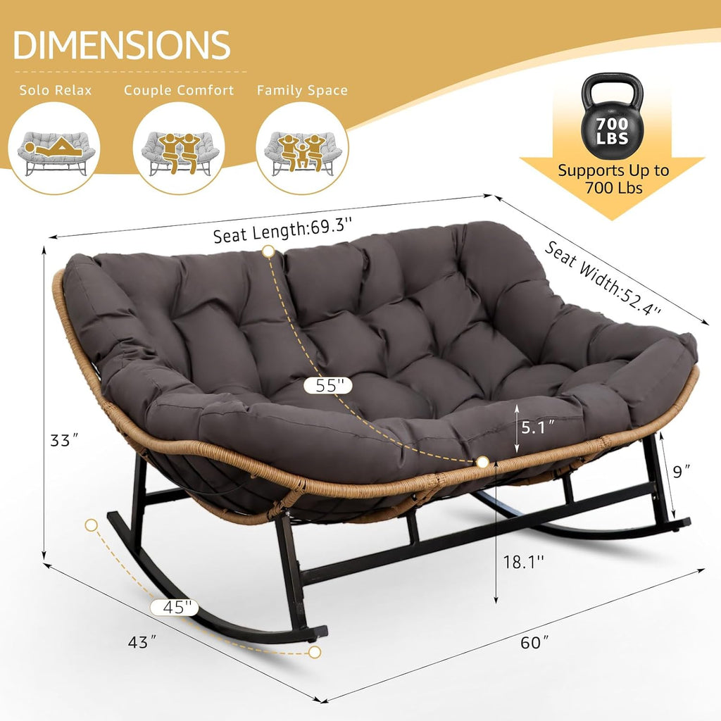 NICESOUL Oversized Double Rocking Papasan Chair with Cushion, 2 Person Big Wicker Outdoor Comfy Recliner, Large Heavy Duty 700 lbs Loveseat for Patio, Balcony, Backyard (Grey, 2 Seats w/Ottoman)