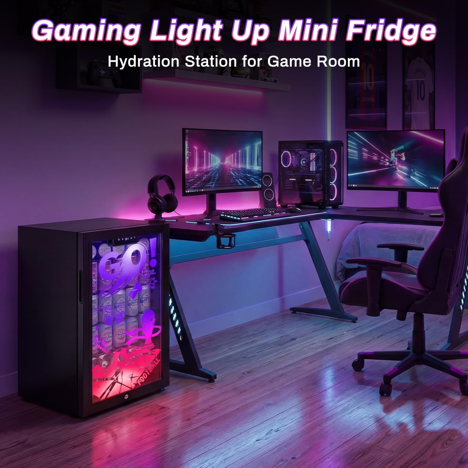 Velivi Gaming Mini Fridge with Led Lights, 3.2 Cu Ft Gaming Light Up Glass Door Beverage Refrigertor Small Lockable Drink Cooler For For Soda Beer, Cyberpunk Gaming Rooms Bar Home Party