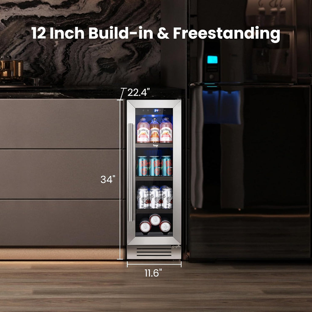 Yeego 12 Inch Beverage Refrigerator - 60 Cans Compact Beverage Cooler with Glass Door, Under Counter Drink Fridge Built-In or Freestanding for Soda, Beer & Wine, Office, Kitchen or Home Bar
