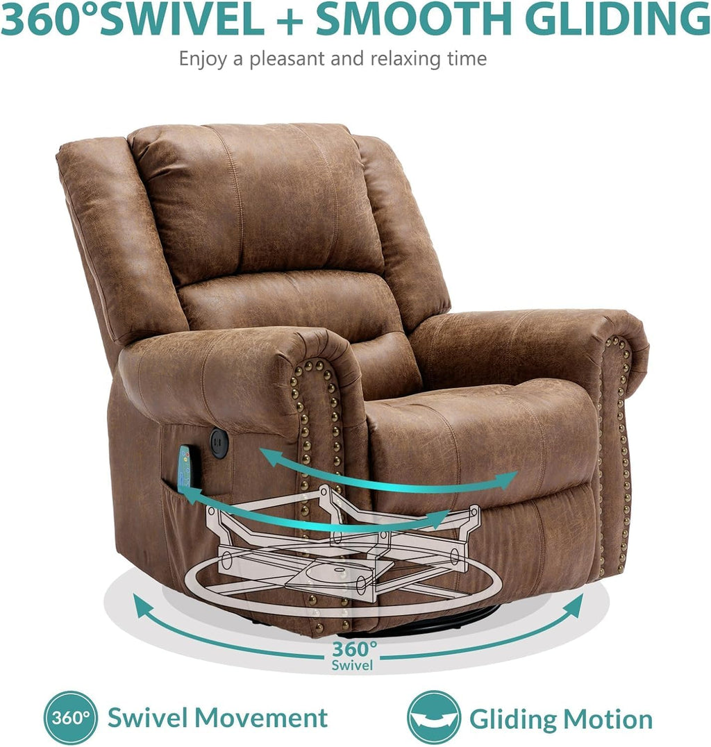 MEETWARM Oversized Swivel Rocker Recliner Chair with Heat and Massage, Manual Glider Rocking Recliner Chair, 360°Swivel Nursery Reclining Sofa with Remote Control/USB Ports for Living Room(Brown)