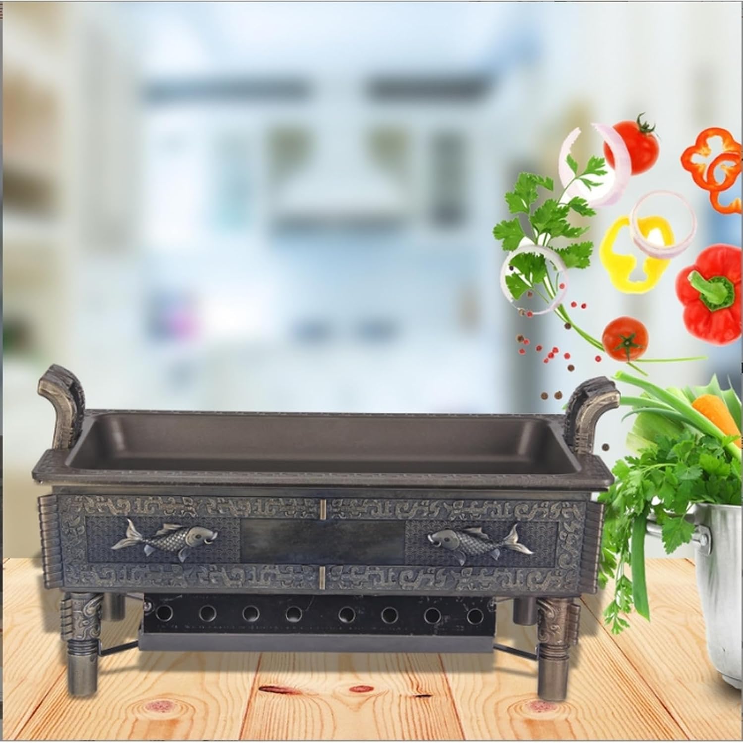 BBQ Gril,Antique Copper Fish Grill,Multifunctional Charcoal BBQ for Cooking Fish,Removeable Plates,Smokeless Indoor Grill,Portable Non-Stick Teppanyaki Griddle Grill Pan for Outdoor Camping