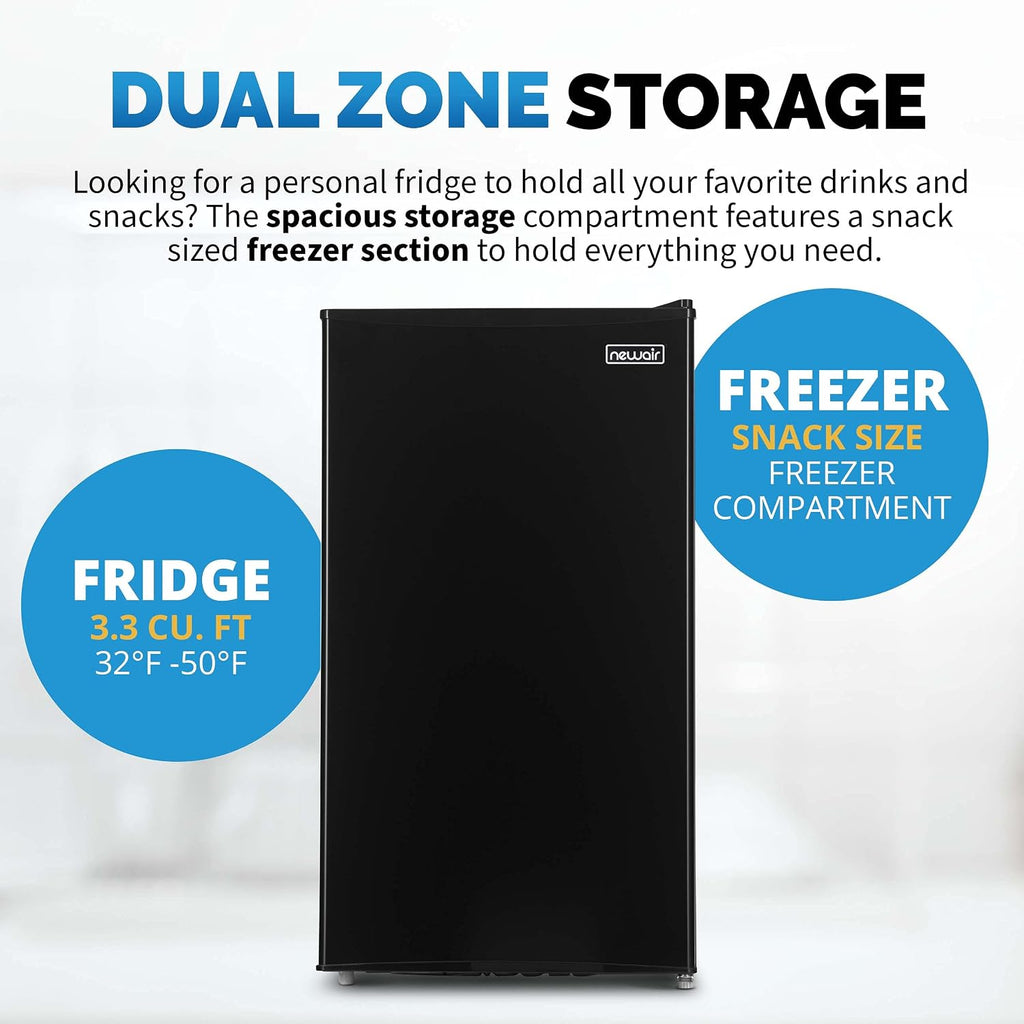 NewAir 3.3 Cu. Ft. Compact Mini Fridge with Chiller Compartment, Energy Star Certified, Single Door Refrigerator, Can Dispenser, Perfect for Dorm Rooms, Bedrooms, Home Offices, and RV Vans