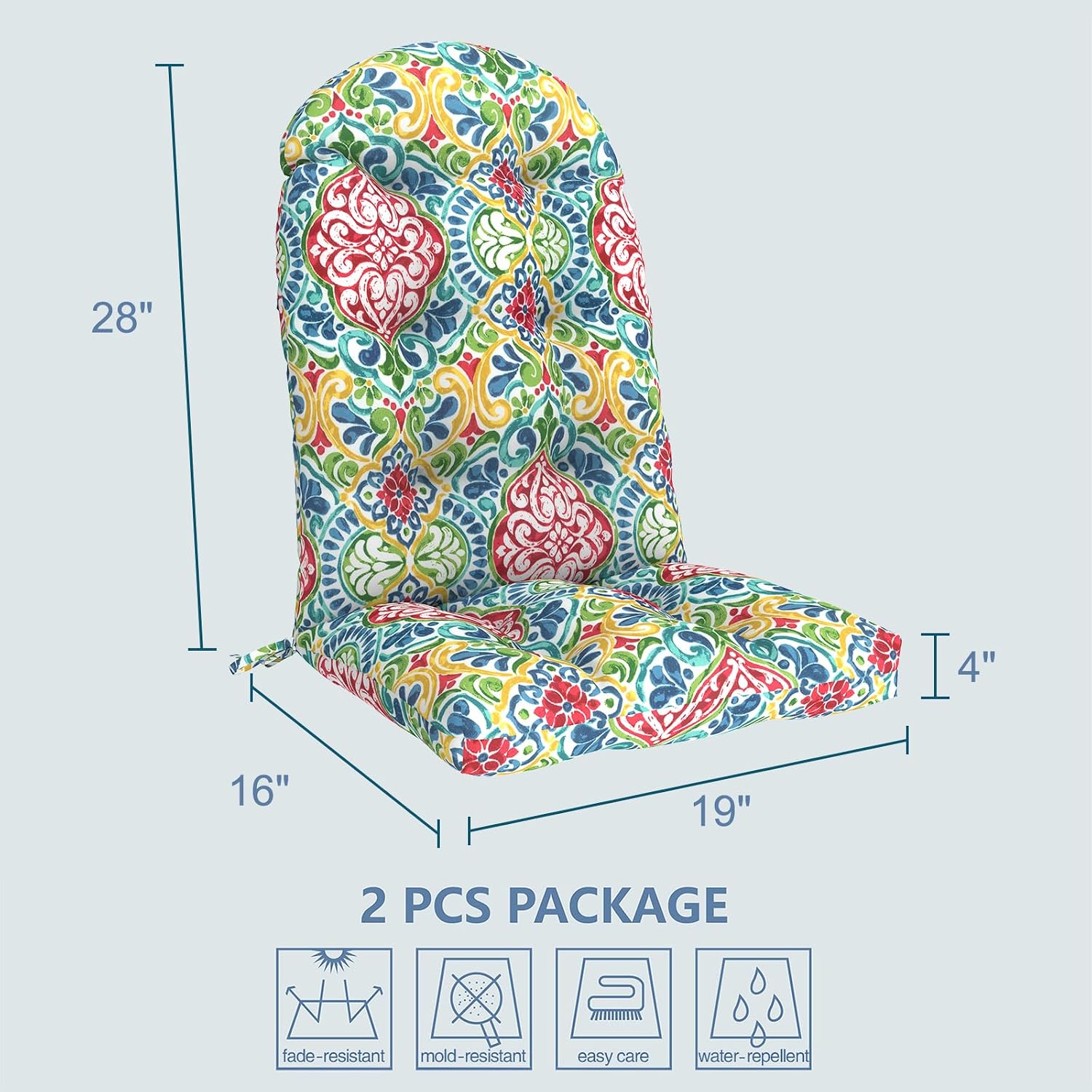 LVTXIII 2 Pack Outdoor Adirondack Chair Cushions, 44x19x4 Inch Water Repellent Patio Cushions for Rocking Chairs, Thick Tufted High Back Seat Cushion Set, Damask Red