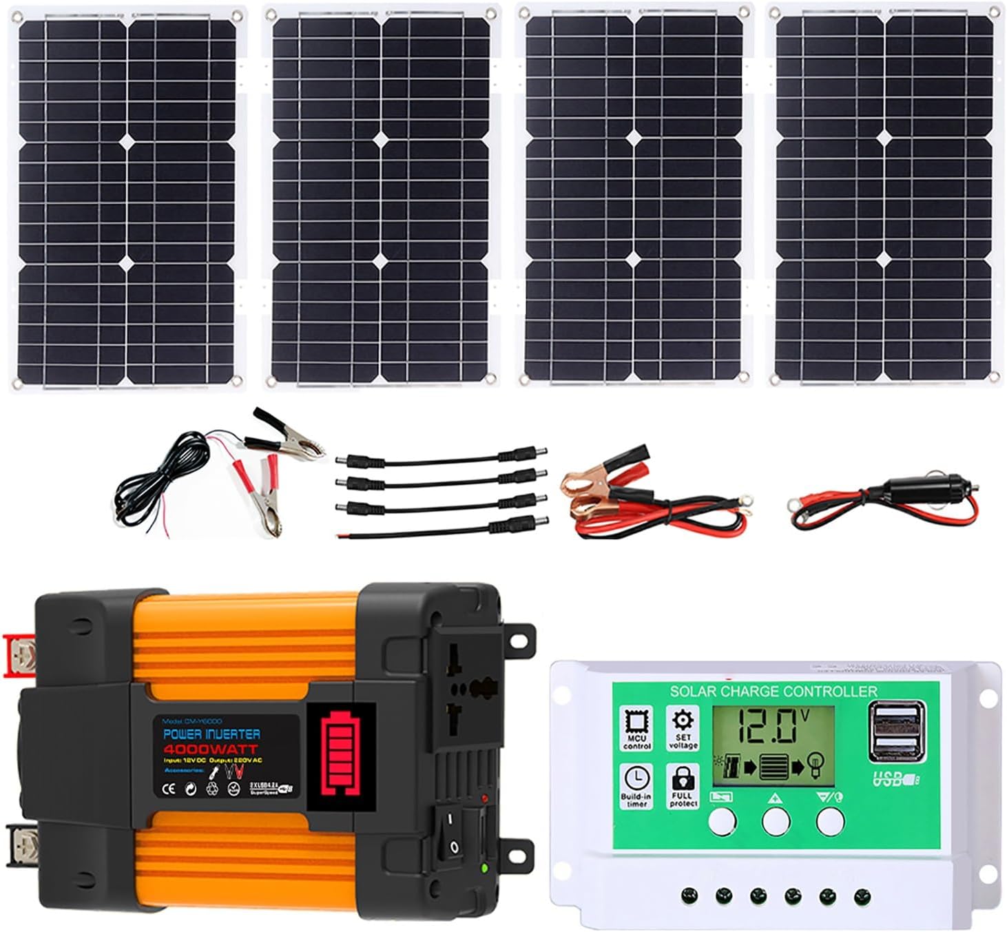 4000W 6000W Complete Solar Inverter Kit 12V to 110V 220V with 50A Controller and 100W Solar Panel for Home and Outdoor Power System(4000W,12V-110V)