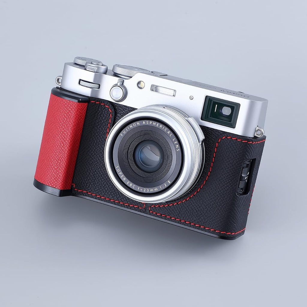 Camera Half Case for Fujifilm Fuji X100VI,Vintage Metal Genuine Leather Instant Camera Protective Cases Stylish Portable Shockproof (BlackC)
