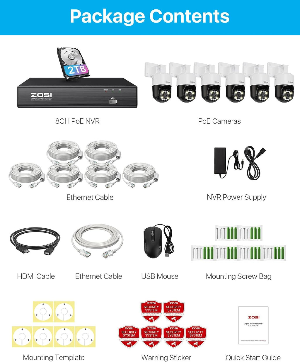 ZOSI 8CH (16CH Expandable) 4K PoE Security Camera System with AI Face Person Vehicle Detection, 6 x 5MP 3K Outdoor Auto Tracking PT PoE Camera with 5X Digital Zoom, 2-Way Audio, 8CH NVR with 2TB HDD