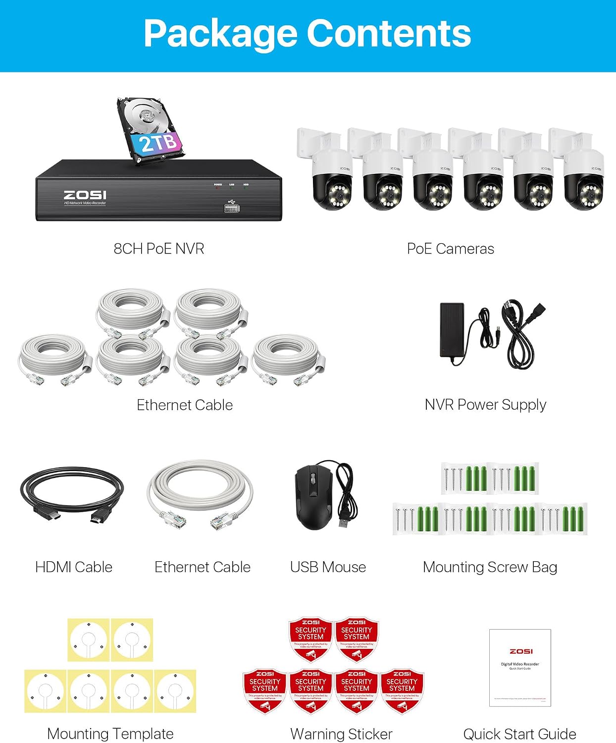 ZOSI 8CH (16CH Expandable) 4K PoE Security Camera System with AI Face Person Vehicle Detection, 6 x 5MP 3K Outdoor Auto Tracking PT PoE Camera with 5X Digital Zoom, 2-Way Audio, 8CH NVR with 2TB HDD