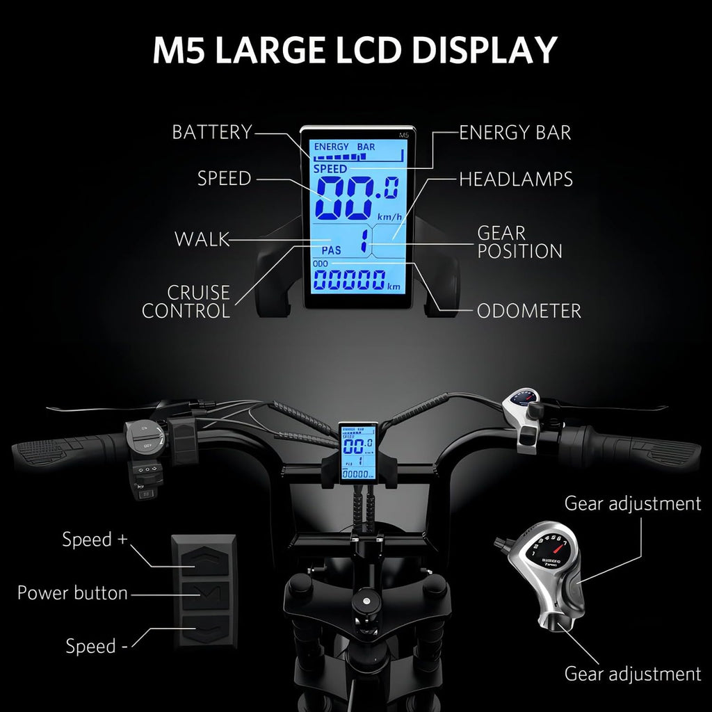 Hipatoo V8/V8 MAX Electric Bike for Adults, Long Seat Dirt Bike with 20' Fat Tire, E-Bike 2 Seater Max 31MPH, 15/30AH Battery, Moped Style Ebike for Snow, Mountains, Road, Dual Disc/Hydraulic Brakes