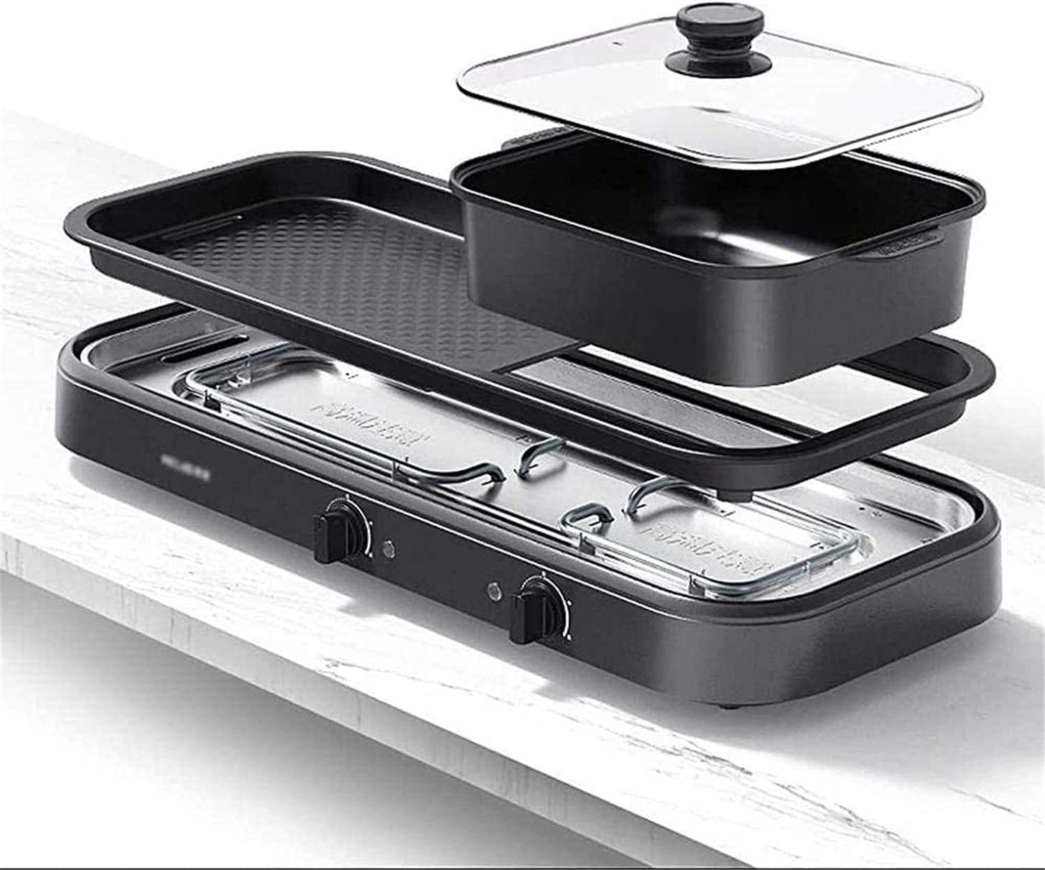 Electric Grill Indoor BBQ Hot Pot/Smoke-free/Electric Barbecue/Two-in-one/Double-Controls The Indoor Non-Stick Grill Suitable for 5-10 people 2200W,A,Portable Nonstick Griddle (Color : B)