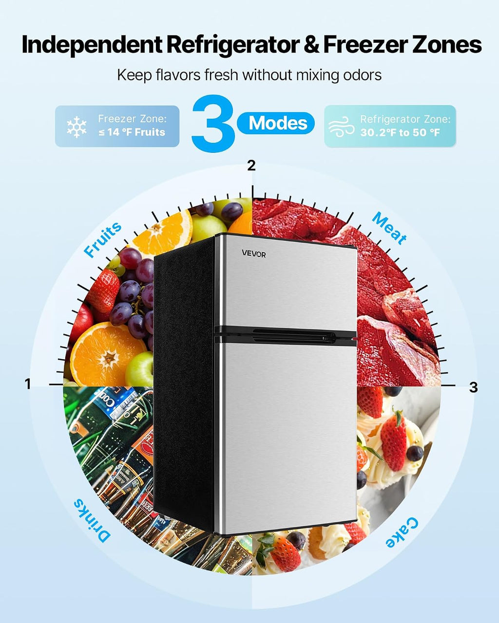 VEVOR Mini Fridge with Freezer, 3.2 Cu.Ft, Dual Zone Compact Refrigerator, 3 Modes Adjustable Temp, Energy Efficient Small Fridge, Reversible Door, Low Noise, for Bedroom, Dorm, Brushed Stainless