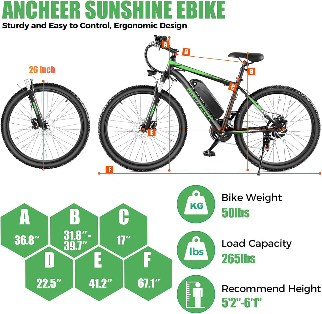 ANCHEER Electric Bike for Adults, [Peak 750W Motor] Electric Mountain Bike, 26' Sunshine Ebike, 55 Miles 20MPH Electric Bicycle with 48V/374Wh Battery, 7/21Speed, UL2849 Compliant