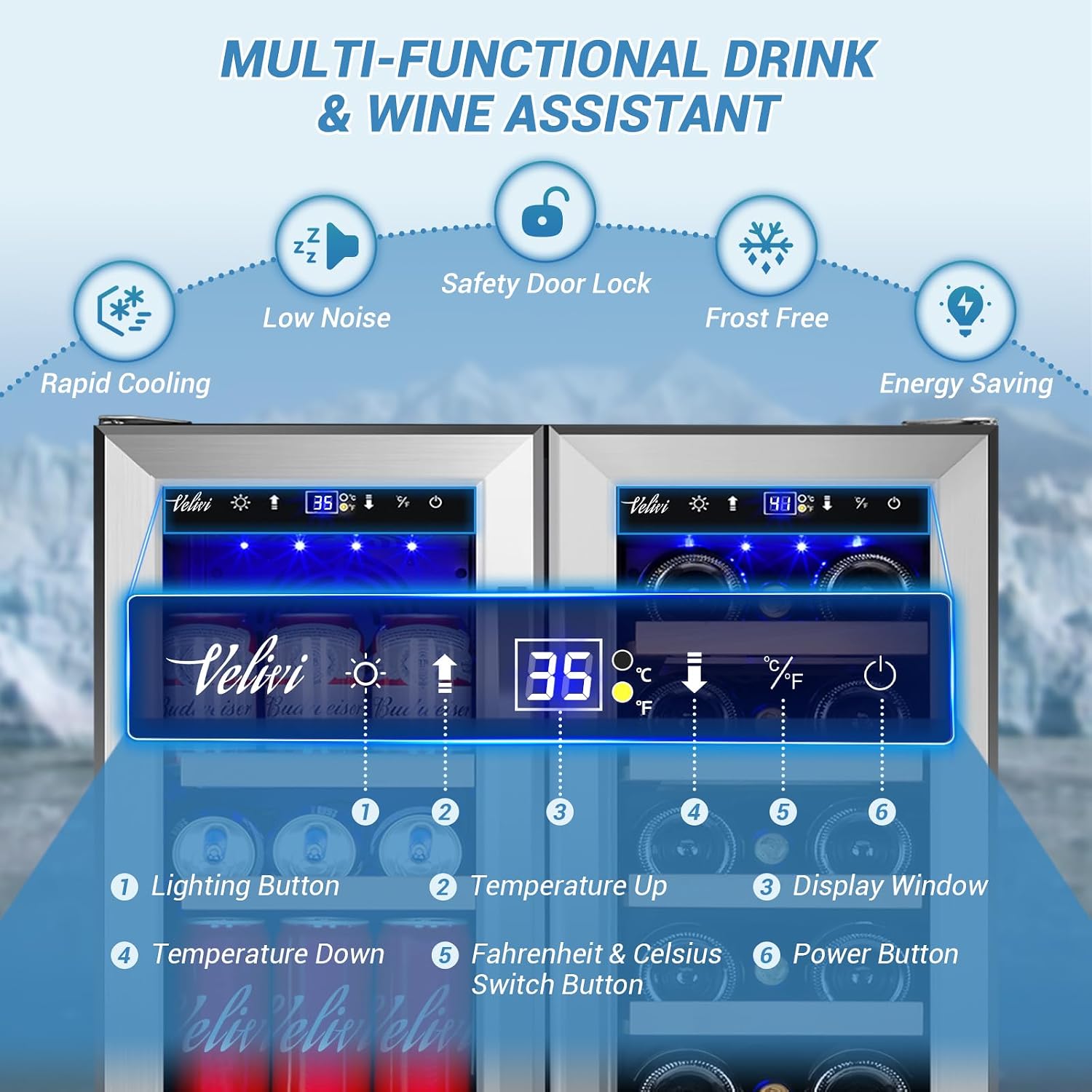 Velivi 24 Inch Beverage Refrigerator Undercounter, Dual Zone Wine and Beverage Cooler, Large Capacity for Beer Wine Drink with Built-In Warm Light, Ideal for Home Kitchen Bar Office