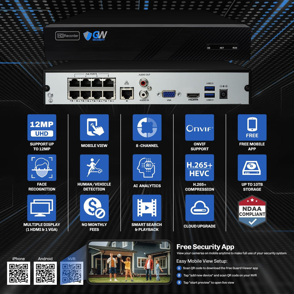 GW Security 8 Channel 4K NVR 5MP H.265 IP Surveillance Security Camera System with 8-Piece Super HD 1920P Weatherproof Video & Audio PoE Security Dome Cameras, AI Human Detection