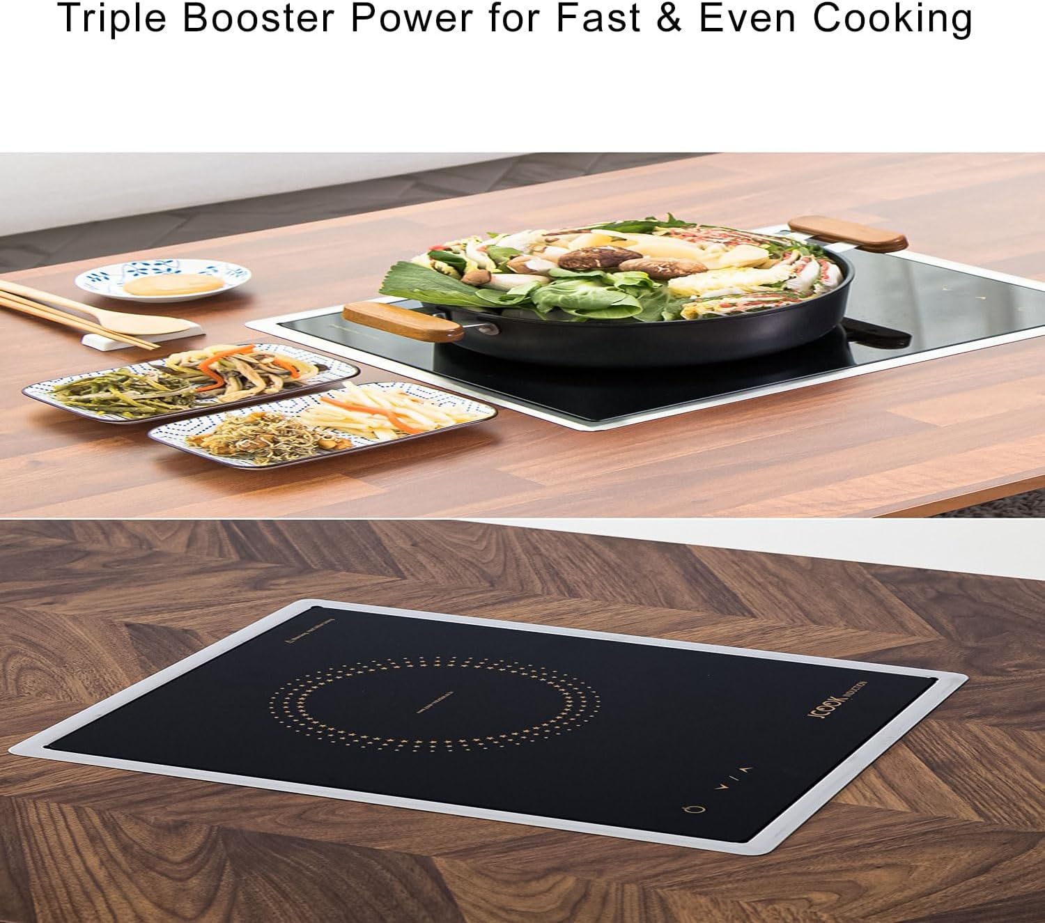 Folding Korean BBQ Table with Induction Cooktop – Herringbone Top – 47.2' x 29.5' x 12.6' – 220V, Touch Control, 1800W, 8 Heat Levels, DIY Assembly Table for Indoor Cooking