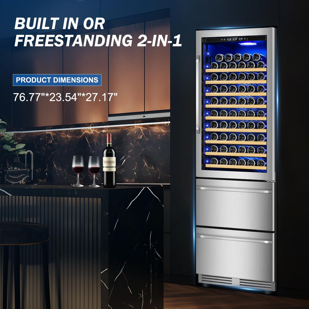 Velivi 24 Inch Wide Wine and Beverage Refrigerator With Dual Drawer, 2 IN 1 Dual Zone Wine Cooler, Built-In or Freestanding Beverage Fridge, for Home Bar Kitchen, Hold Up To 107 Bottles and 149Cans