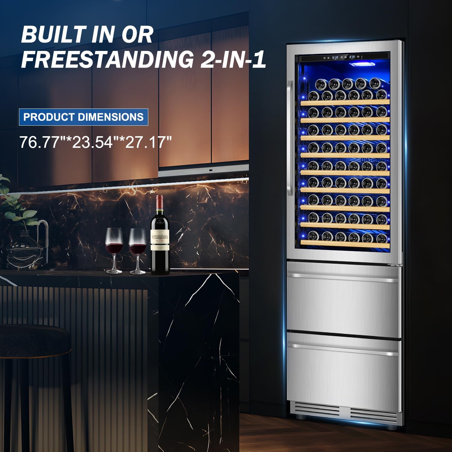Velivi 24 Inch Wide Wine and Beverage Refrigerator With Dual Drawer, 2 IN 1 Dual Zone Wine Cooler, Built-In or Freestanding Beverage Fridge, for Home Bar Kitchen, Hold Up To 107 Bottles and 149Cans