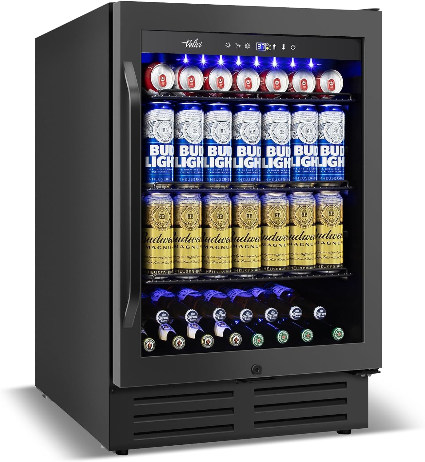 Velivi 24 Inch Beverage Refrigerator Under Counter, 24' Space Built-In Beer and Drink Fridge with Glass Door for Soda, Water, and Milk - For Kitchen, Bar or Office