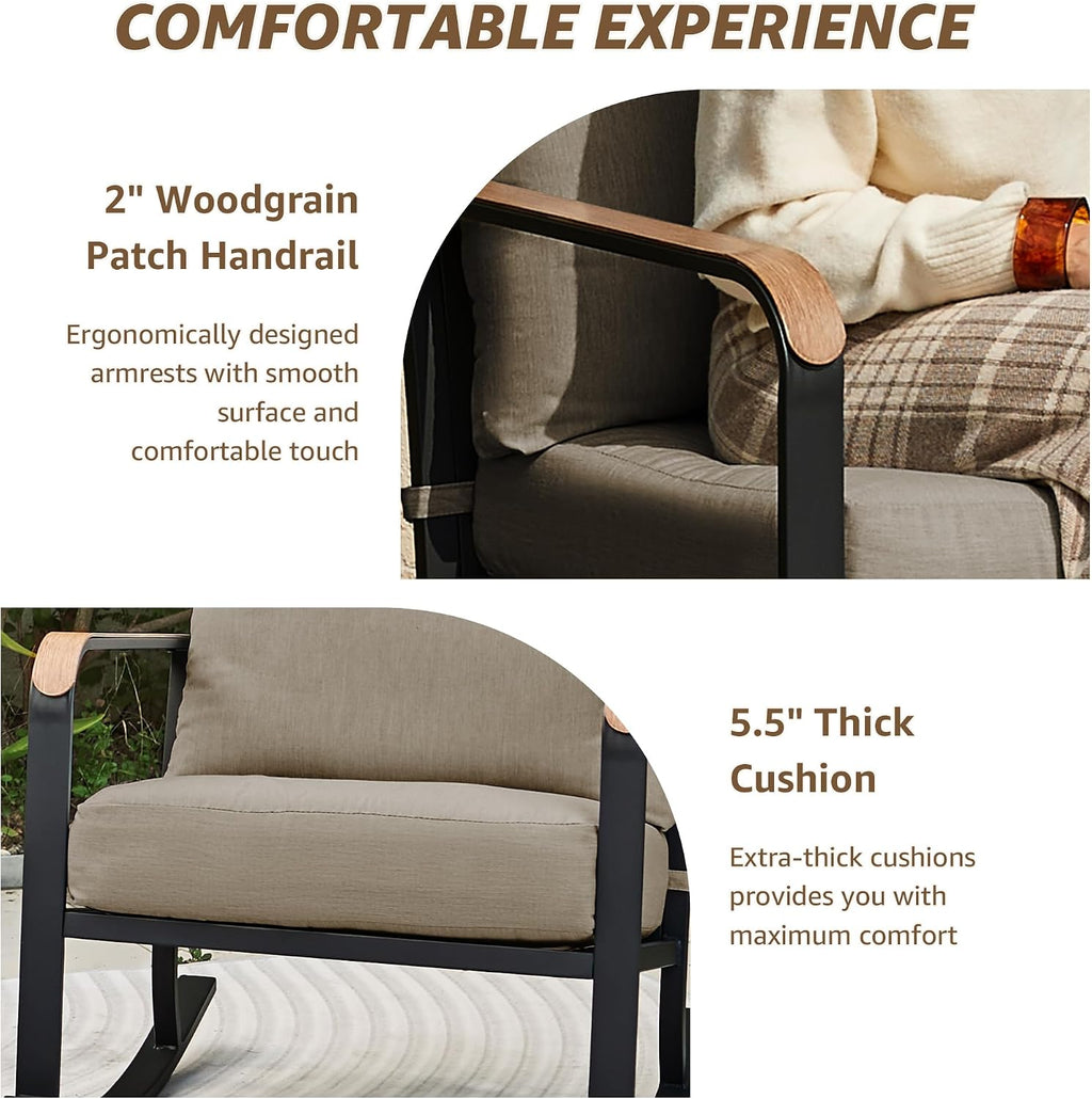 NATURAL EXPRESSIONS 3-Piece Patio Bistro Rocking Set,Outdoor Rocking Chairs with 350lb Capacity, Thick 5.5' Olefin Cushions and Metal Coffee Table for Balcony, Porch, Backyard