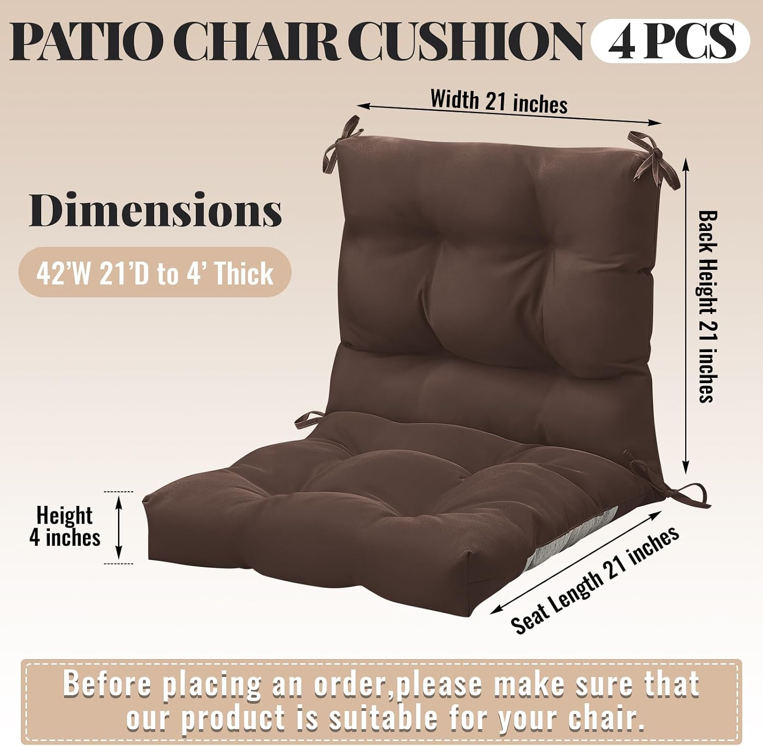Marsui 4 Pcs Outdoor Indoor High Back Chair Cushions Patio Furniture Tufted Pillow with Ties Water-Resistant Replacement Outdoor Rocking Chair Cushions, 42 x 21 Inches (Brown,Solid Color)