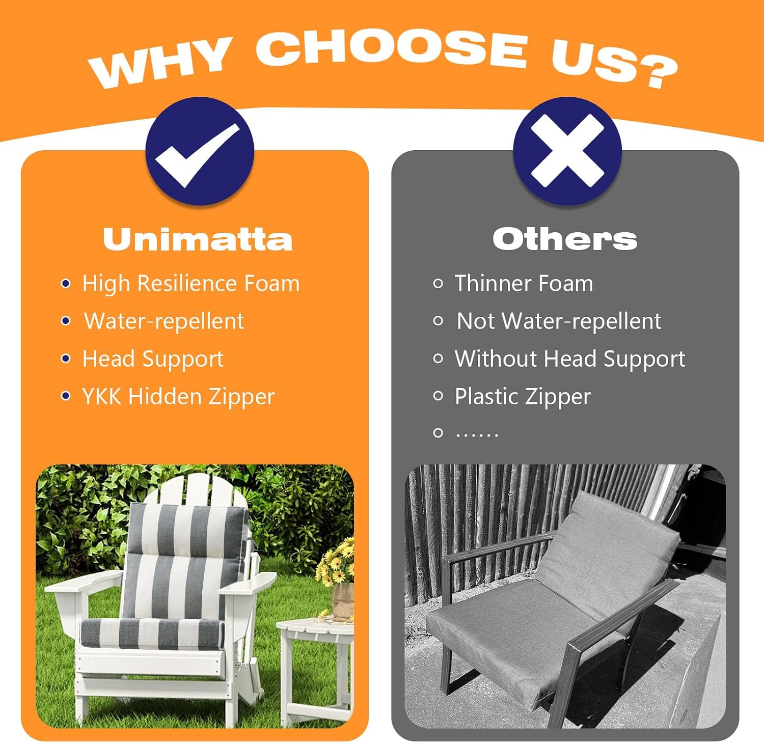 Unimatta Outdoor High Back Chair Cushion Seat Pads, 44 x 21 Inch Water-Repellent & Fade-Resistant Patio Furniture Cushions with Ties for Adirondack, Rocking Chairs, Gray Stripe