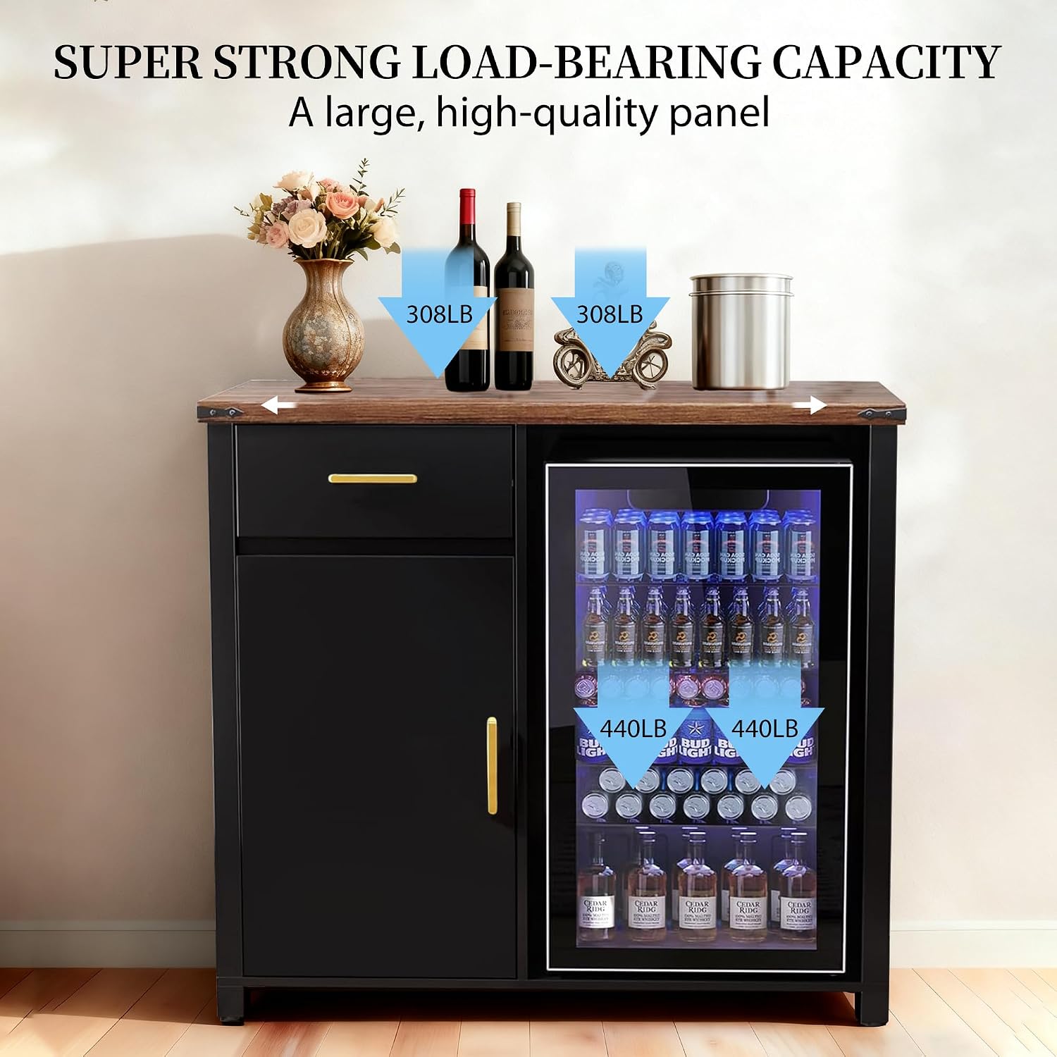 Mini Fridge Cabinet with Storage Space, Coffee Bar Cabinet with Mini Fridge Space, Buffet Sideboard Table for Living Room, Kitchen, Bar, Office (39.5W x 38.5H x 20.9D)