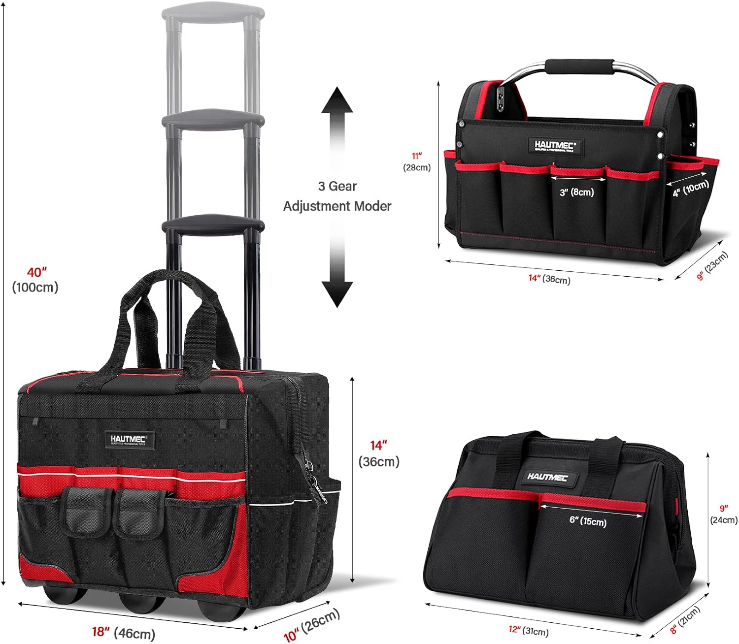 HAUTMEC 3-Piece Rolling Tool Bag Set, 18' Wheeled Tool Bag, 15' Open Top Tool Tote & 12' Wide Mouth Small Bag, Heavy-Duty 1680D Water-Resistant Tool Storage with Off-Road Wheel & Telescoping Handle