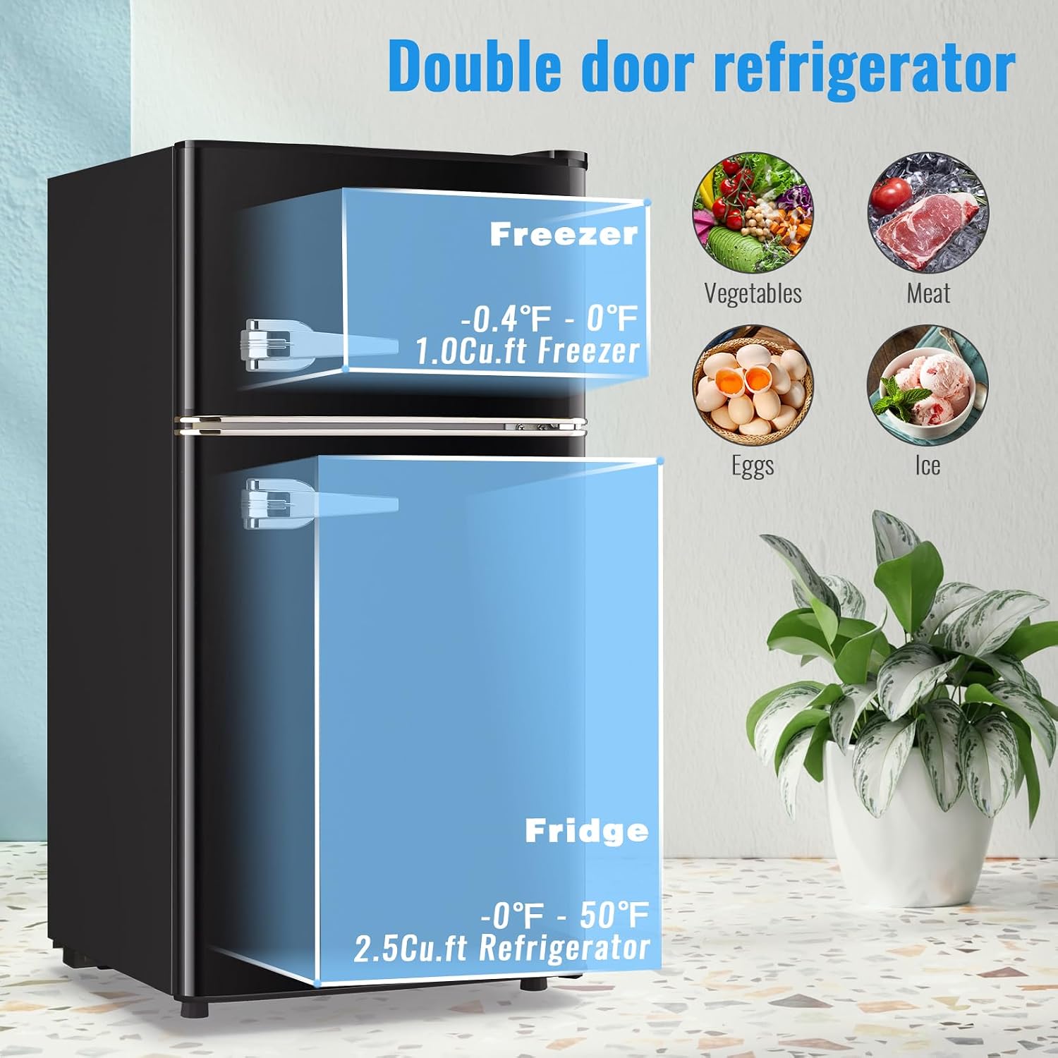 WANAI 3.5 Cu. Ft Mini Fridge with Freezer 2 Doors Small Refrigerator Freezer with Adjustable Thermostat, Shelves for Dorm, Office, Bedroom, Apartment Black