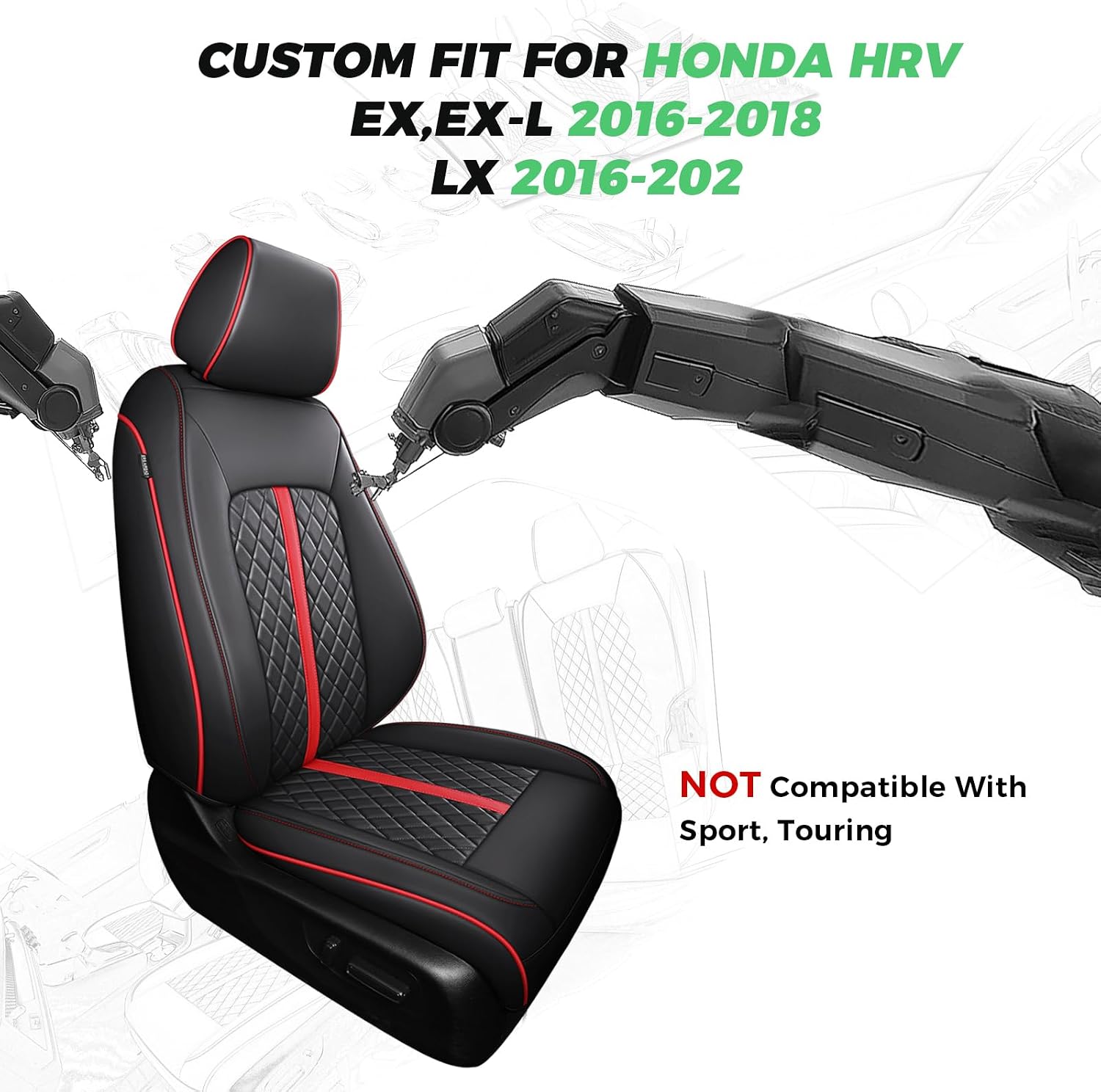 for Honda HRV Seat Covers 2016-2018 EX EX-L & 2016-2022 LX, Custom Fit Car Seat Cover Full Set, Luxury Leather HR-V Seat Protectors, Waterproof SUV Cushions Accessories, Black with Red Trim