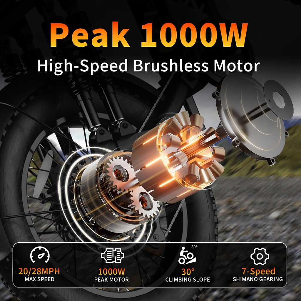 DDC SPORT Electric Bike for Adults, Peak 1000W Motor 28MPH, 48V 13Ah Battery 50Miles Ebike, 20'' Fat Tire Electric Dirt Bike for All Terrain, Off Road Mounatin Moped E-Bike, Full Suspension, 7-Speed