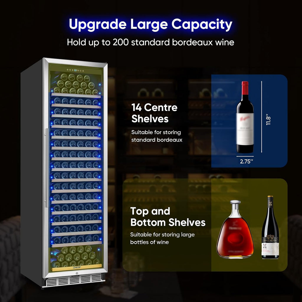 Large Wine Cooler Refrigerator 24 Inch, Upgraded 200 Bottle Wine Fridge with Professional Temperature Control, Built-in or Freestanding Tall Wine Cellar, Low Noise and Sliding Rail Shelves