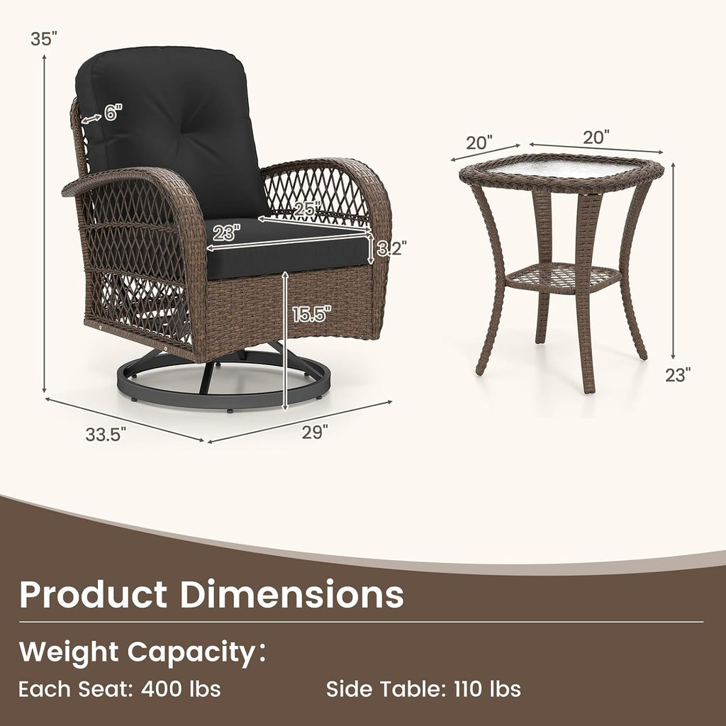 Tangkula 3 Piece Patio Swivel Rocker Set, 2 Outdoor Wicker Rocking Chairs with Tempered Glass Side Table, Outside Gliding Bistro Furniture Set with Thick Cushions for Porch, Yard, Balcony (Black)