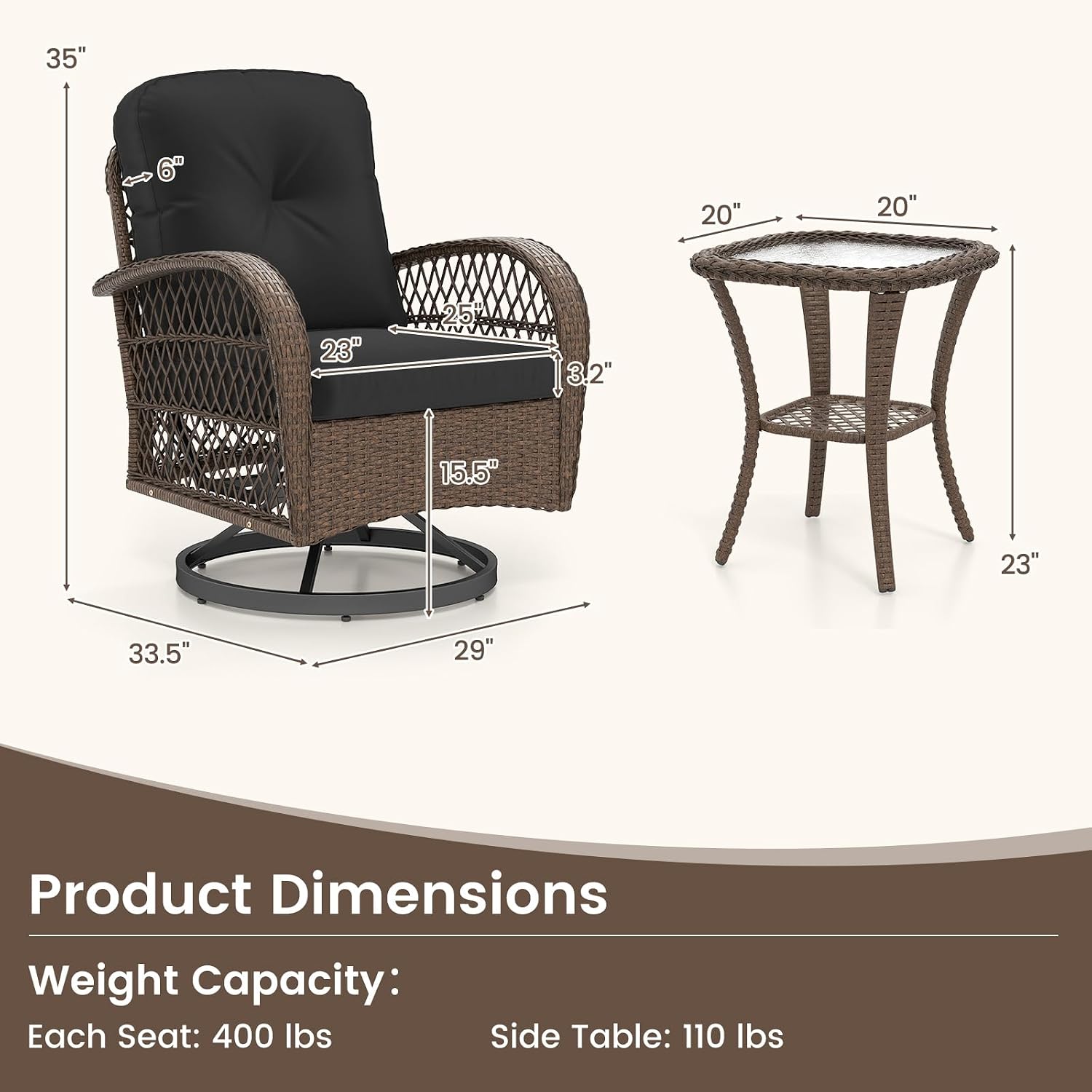 Tangkula 3 Piece Patio Swivel Rocker Set, 2 Outdoor Wicker Rocking Chairs with Tempered Glass Side Table, Outside Gliding Bistro Furniture Set with Thick Cushions for Porch, Yard, Balcony (Black)