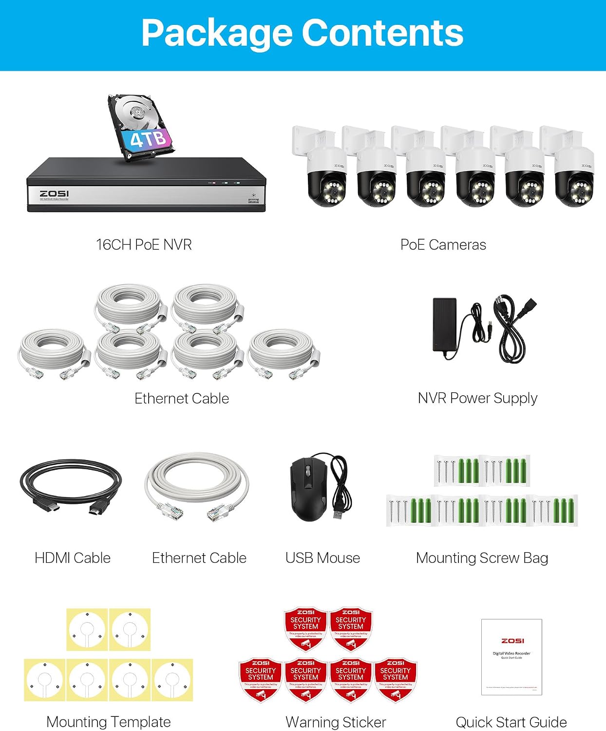 ZOSI 16 Channel 4K PoE Security Camera System with AI Face Person Vehicle Detection, 6 x 5MP 3K Outdoor Auto Tracking PT PoE IP Camera with 5X Digital Zoom and 2-Way Audio, 4TB HDD for 24/7 Recording