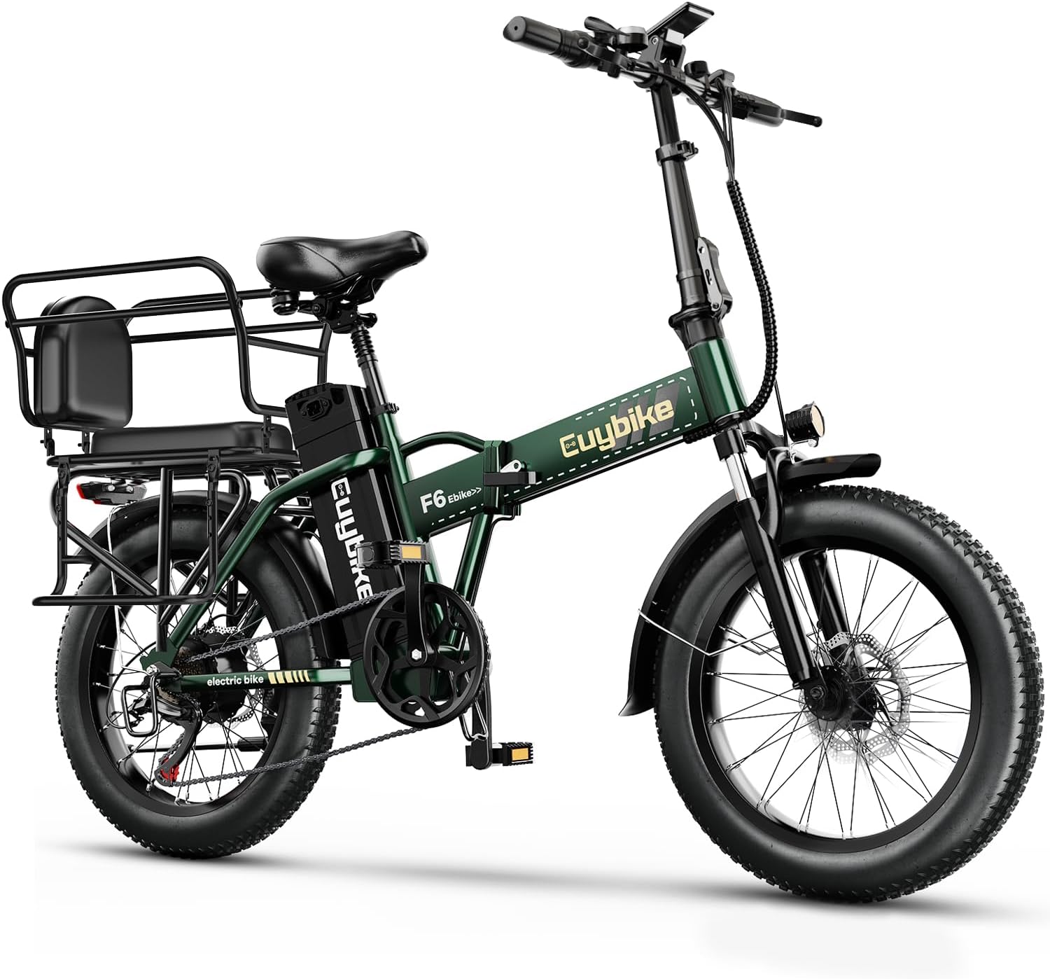 EUYBIKE Foldable Electric Bike for Adults, 30+MPH, 48V 20Ah Removable Battery up to 80Miles, 20' Fat Tire 1000W Peak Motor Adult Electric Bicycle for Beach Mountain E Bike Green with Safety Seat