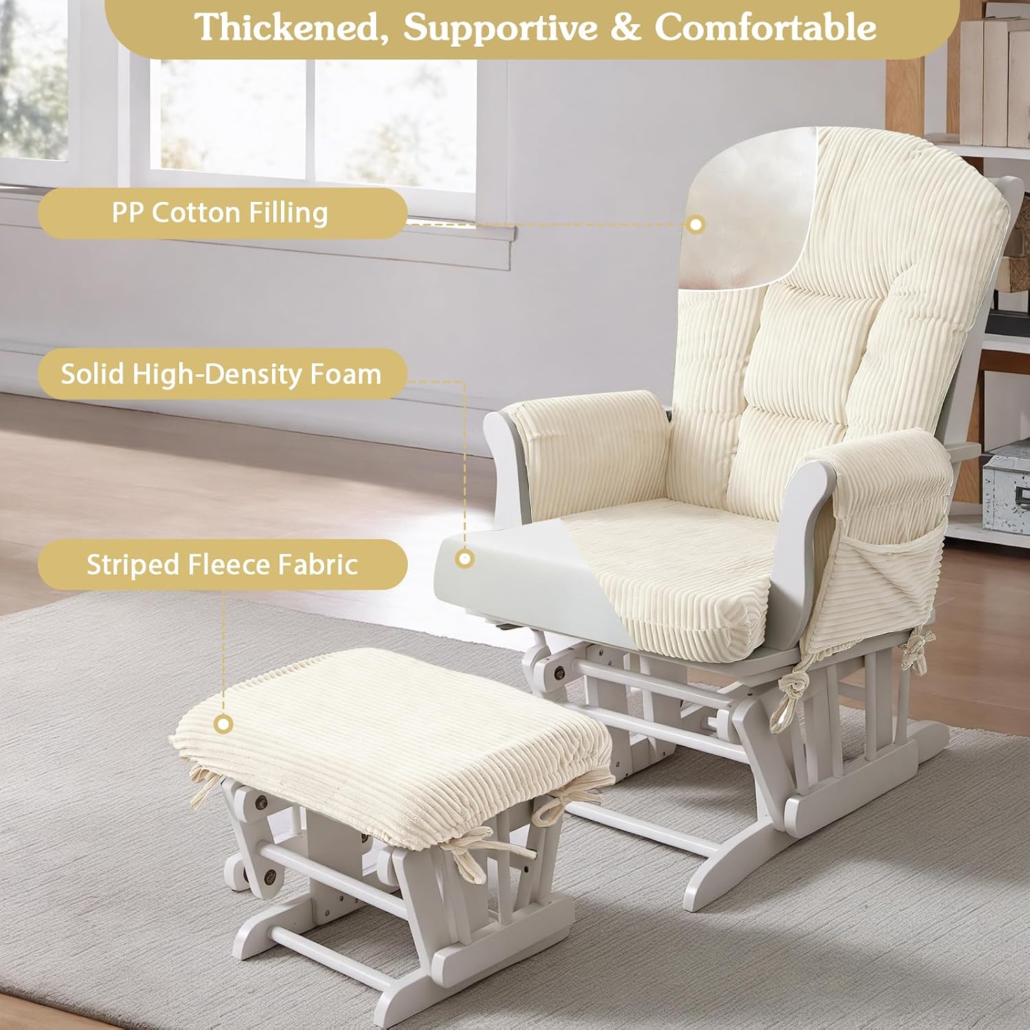 ANMINY 5pcs Glider Rocker Replacement Cushions Set - Thickened Fleece Glider Rocking Chair Cushions with 29.5 inch High Backrest & Side Pockets for Indoor Nursery, Washable & Non Slip, Beige