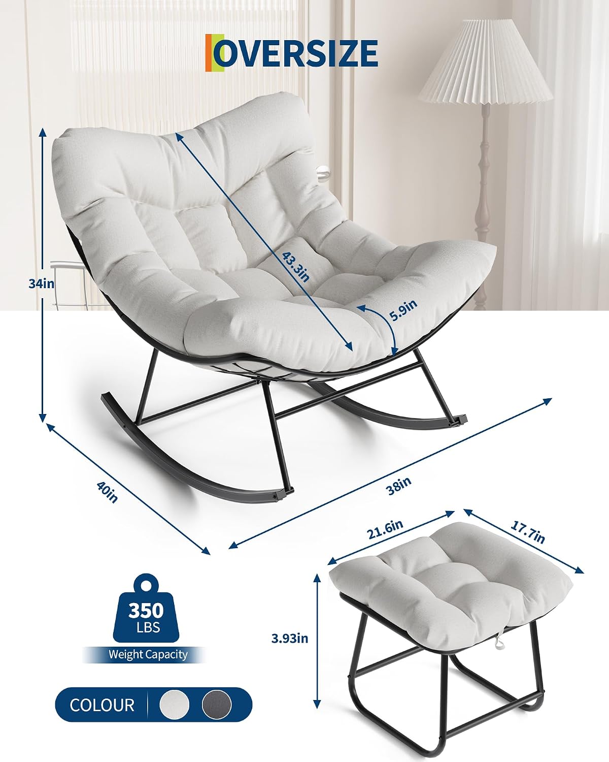 GarveeLife Outdoor Oversized Papasan Rocking Chair with Footrest, Patio Lounge Chair with Ottoman and Sturdy Metal Frame, Patio Rattan Egg Rocker for Balcony Backyard Porch Bedroom, White