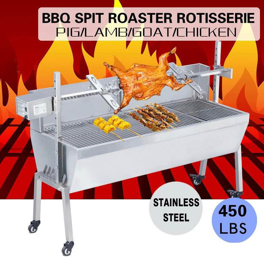 Rotisserie Charcoal Grill, Stainless Steel BBQ Grill with Adjustable Height, 44.5' Portable Grill for Outdoor Parties and Backyard Use 110V 15W