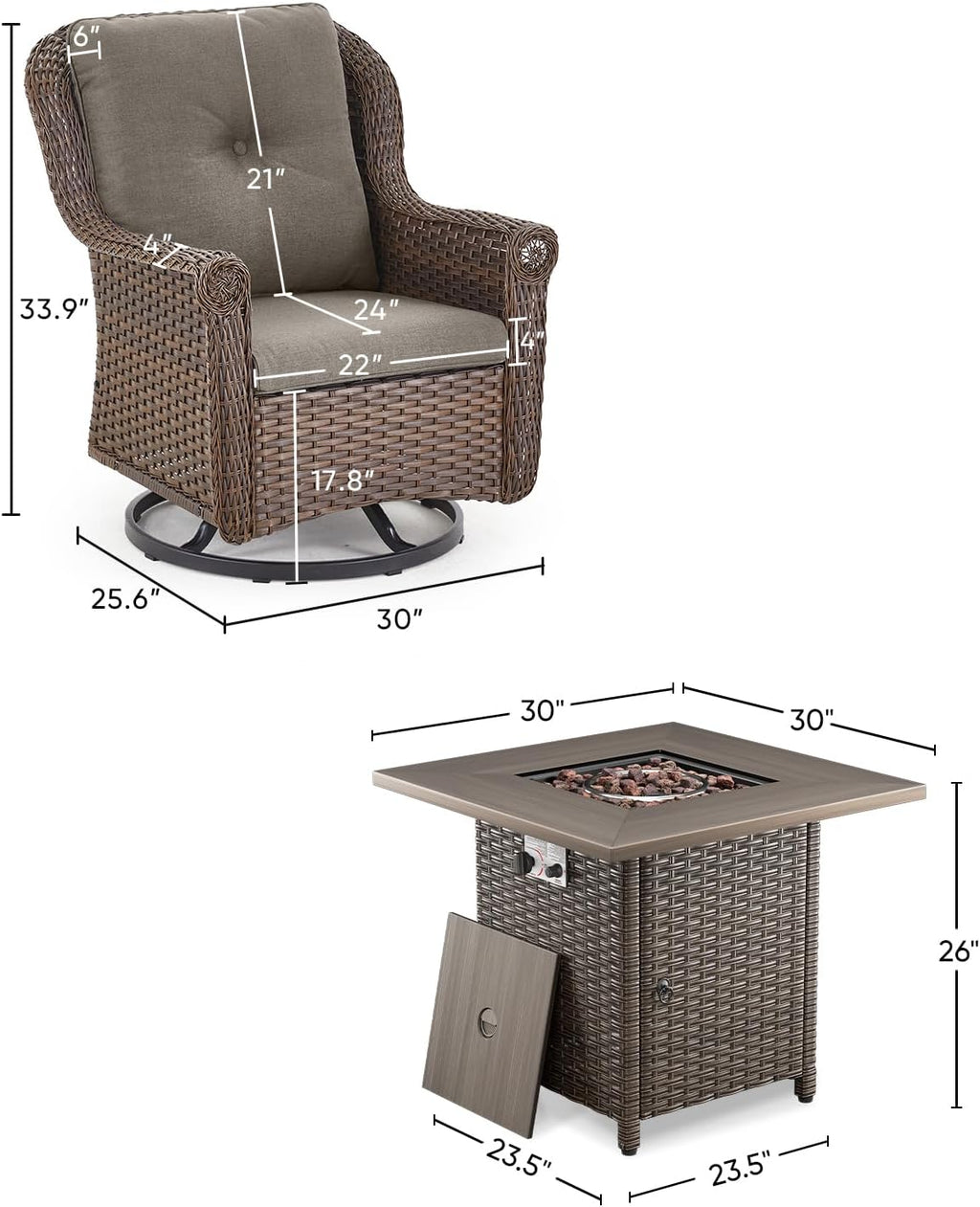 Outdoor Patio Swivel Gliders with Fire Pit Table 5 Piece Set - High Back Brown Wicker Rattan Rocking Chair with Thick Cushion for Porch Apartment Deck Yard Poolside Garden - Grey