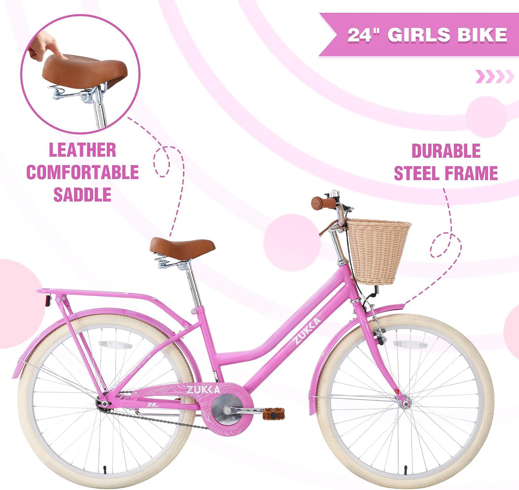 Girls Bike, 20/22/24 Inch Wheels, 1/7 Speed Kids Bike Cruiser Bike, Rear Cargo Rack for 7-14 Years Old Kids Bike, Multiple Colors