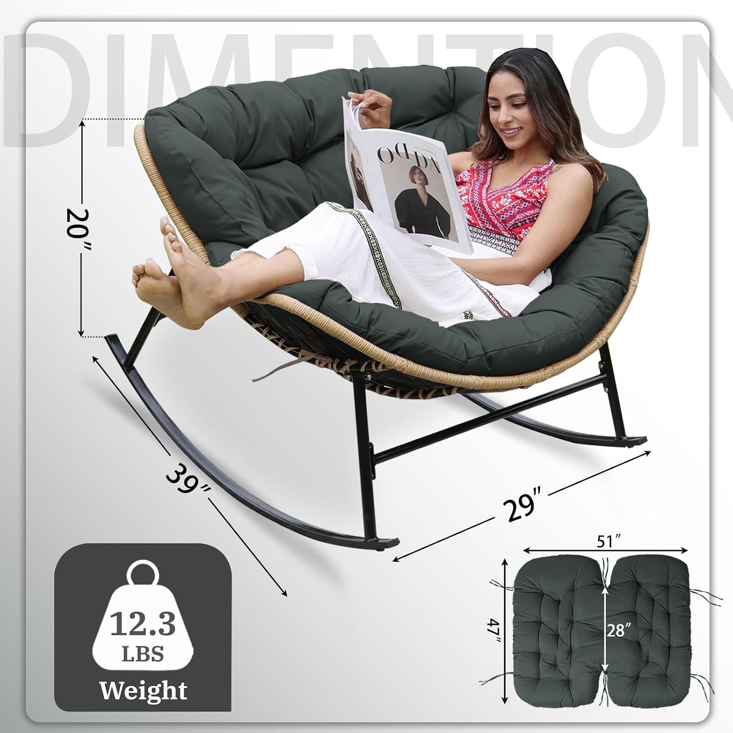 Outdoor Rocking Chair Cushions 6.3' Thick, Only Cushion, Waterproof, Fade-Resistant, Patio Egg Lounge Chair Cushion with 6 Straps, Indoor Papasan Chair Cushion (Dark Gray)