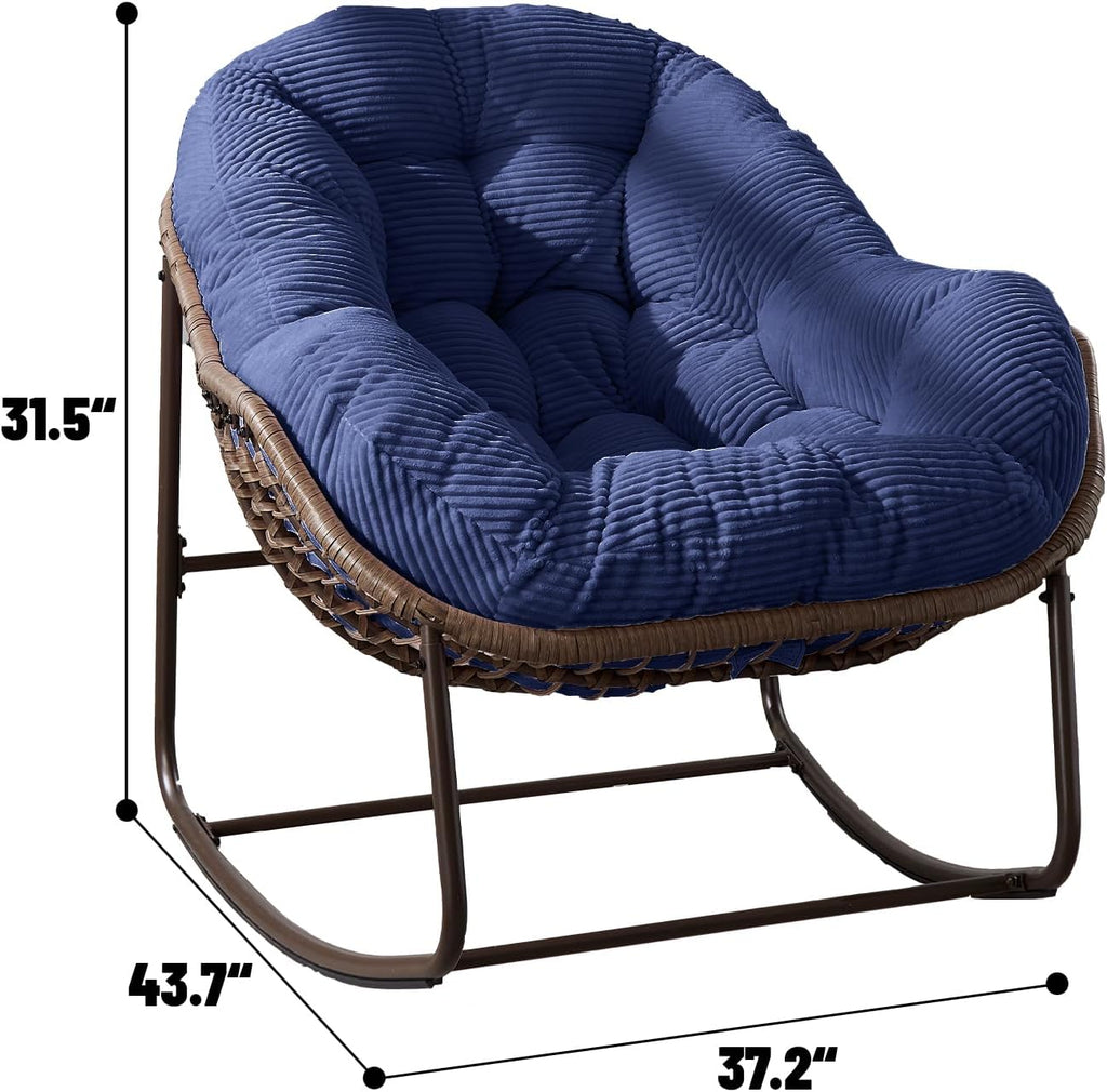 Rattan Rocking Chair for Indoor Outdoor Patio Oversized Wicker Egg Chair with Steel Frame Corduroy Padded Cushion Rocker Recliner Chair Comfy Lounger Papasan Chair for Living Room Garden, Navy Blue