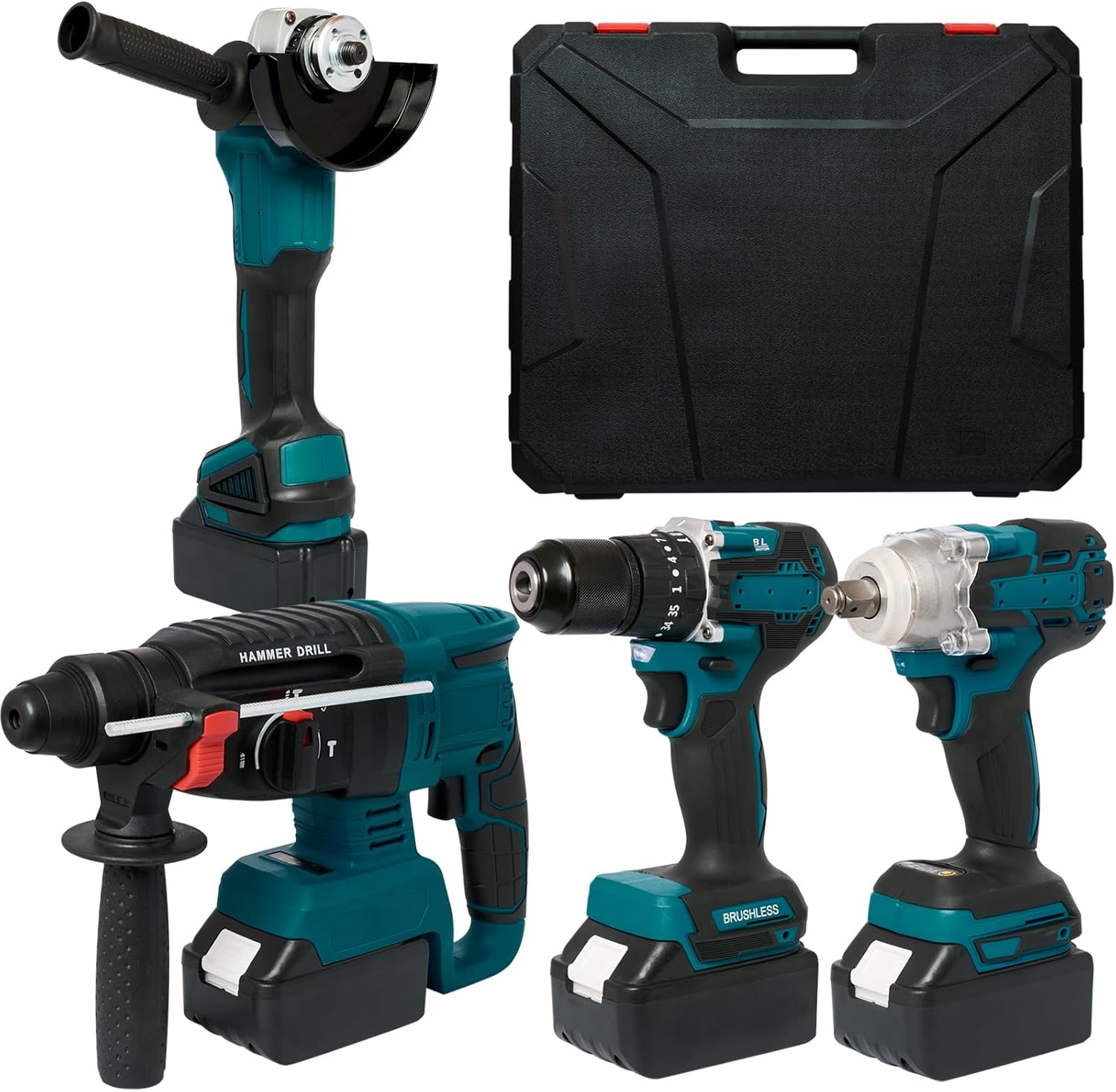 SELFIE CAT 4 Set Brushless Cordless Combo Kit Power Tools, Hammer/Angle Grinder/Impact Wrench/Drill Impact Drill Set, Cordless Drill and Impact Driver Combo With 4 Battery&2 Chargers for Home, DIYers