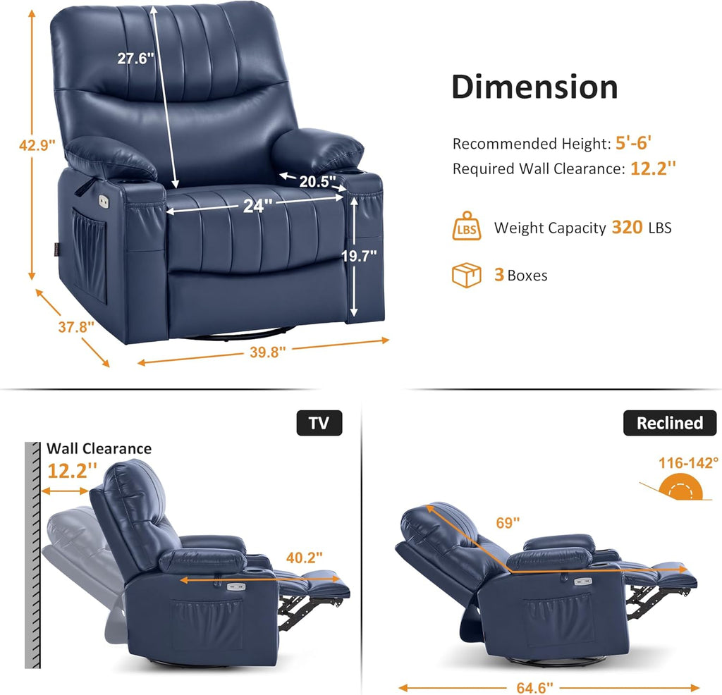 MCombo Oversized Swivel Glider Rocker Power Recliner Chair for Living Room with Heat and Vibration Massage, USB Ports, Cup Holders and Pockets, Faux Leather 7785 (Navy Blue)