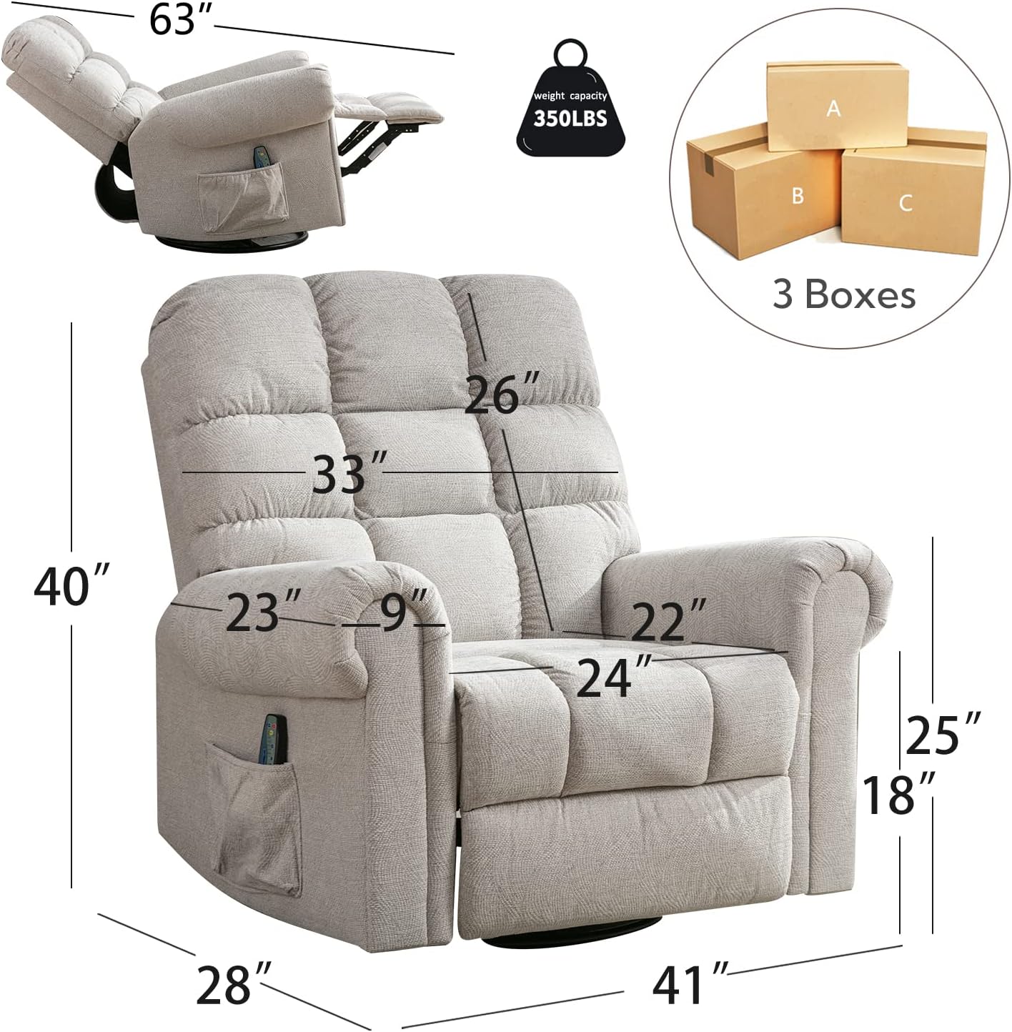 ANJ 360°Swivel Rocker Recliner Chair with Massage and Heat, Manual Overstuffed Oversized Swivel Recliners for Big Man, Large Glider Rocking Reclining Chairs for Nursery, Living Room, Beige